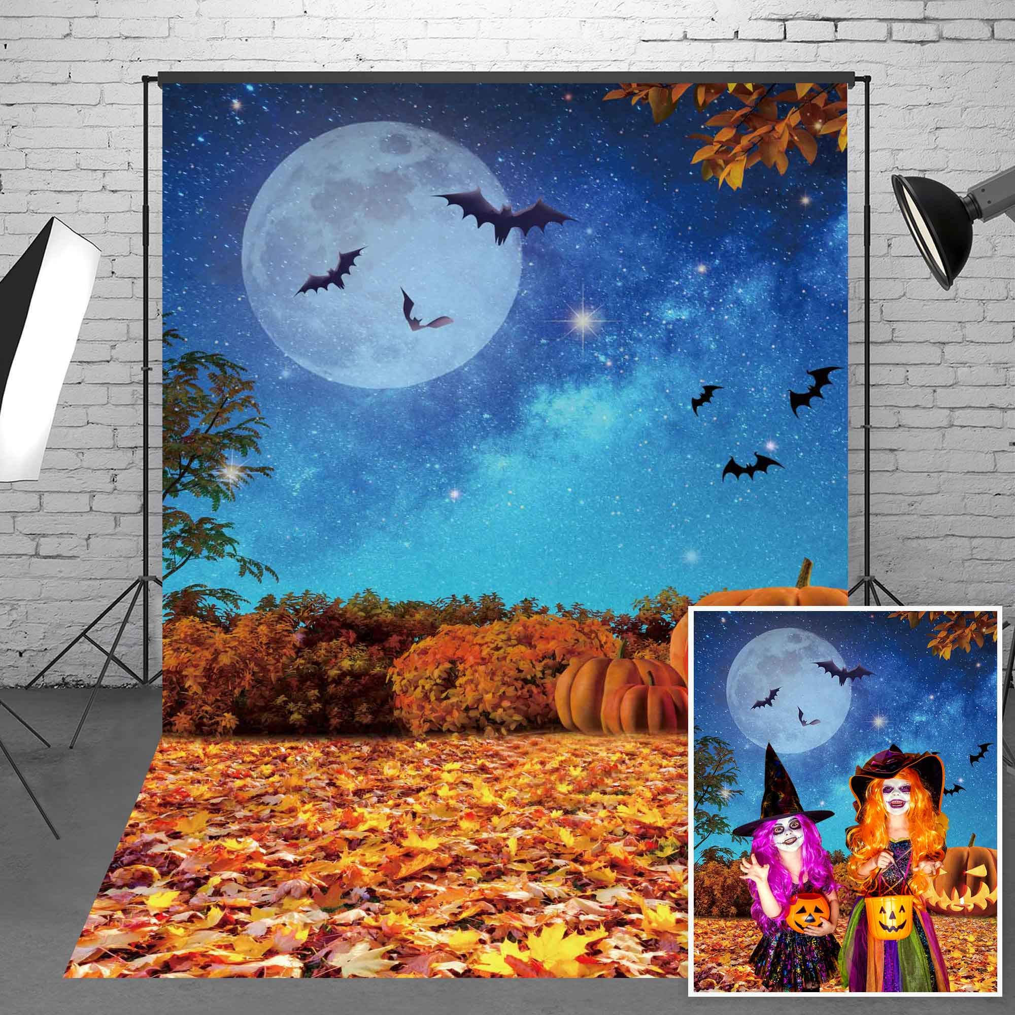 6x8ft Polyester Fabric Halloween Backdrop Moonlight Pumpkin Fallen Leaves Photography Background for Birthday Baby Shower Trick or Treat Party Decoration Banner Photo Studio Props