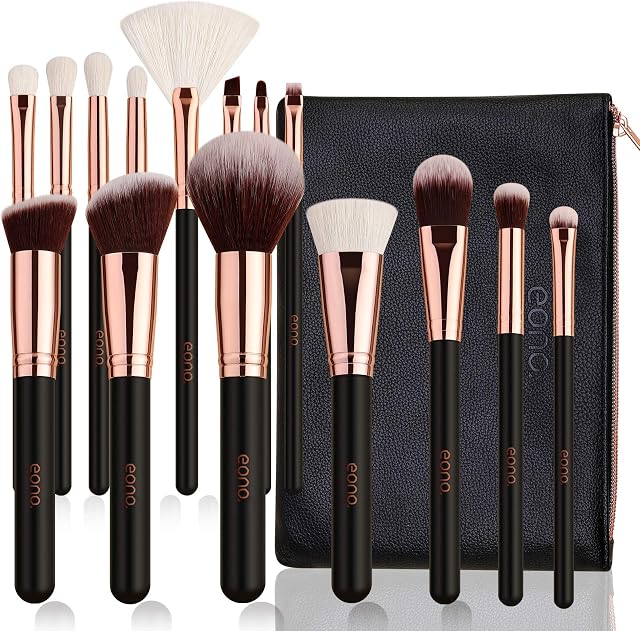 Amazon Brand  Eono Makeup Brushes 15Pcs Professional Makeup Brush Set Foundation Face Powder Blush Eyeshadow Brushes Concealers with PU Leather Bag