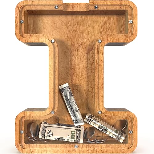 Miniatura 1 de Sulevalt Alcancías de madera extra grandes de 12 pulgadas  Alcancías para niños y niñas, bancos de dinero del alfabeto con inicial I  Banco de