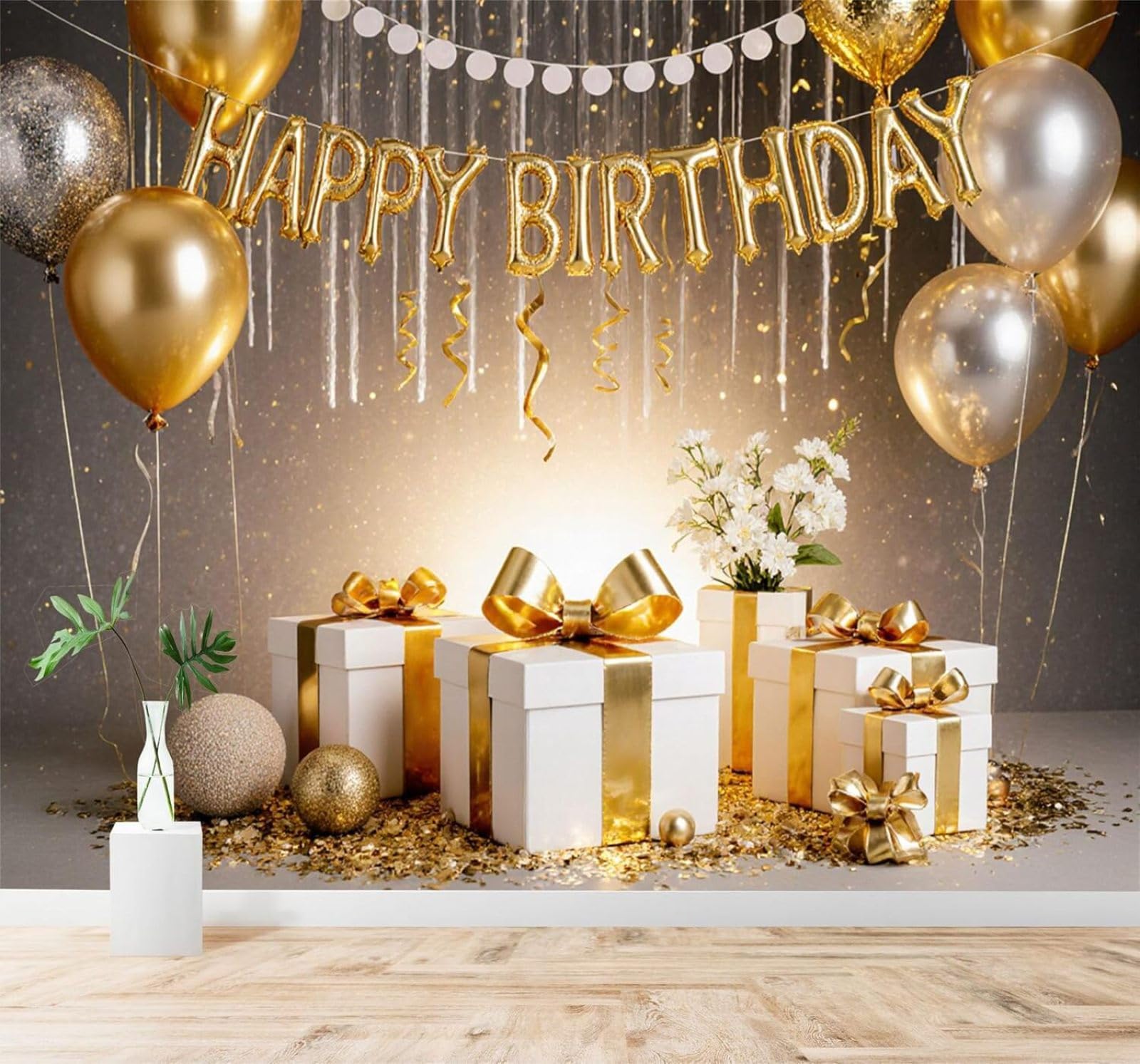 XLMING Gold Balloons Flowers Glittery Decorations 3D Wallpaper Silky Texture Home Study Office Grey Dining Room Sofa Bedroom Living Room TV Backdrop-200cm×140cm