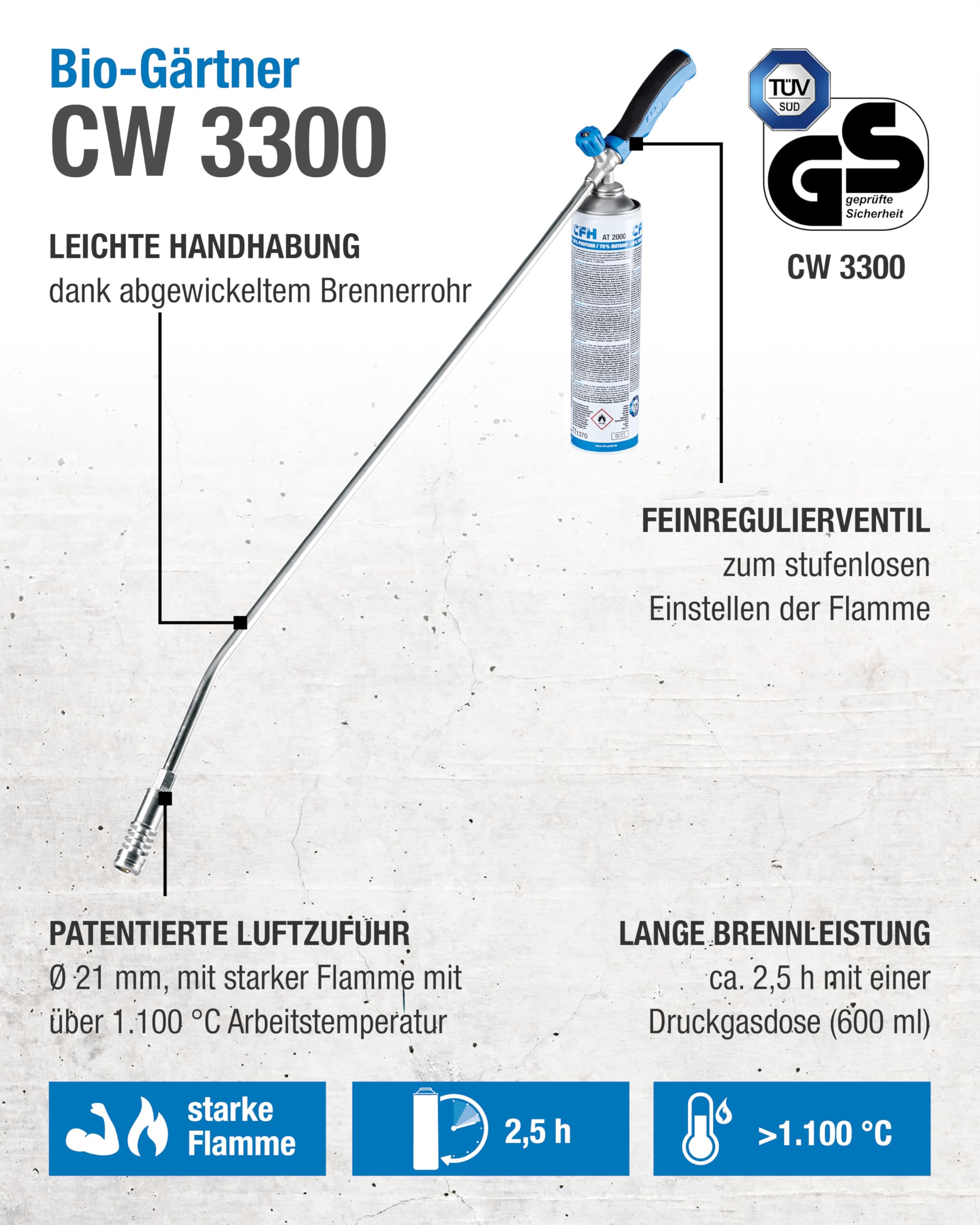 CFH Bio-Gärtner CW 3300 Abflammgerät inkl. Gasdose 600 ml und Breitbrenner - Unkrautverbrenner Gas Anwendung, 2,87 kW bei mehr als 1.100 °C Flammentemperatur, Auch als Grillanzünder geeignet