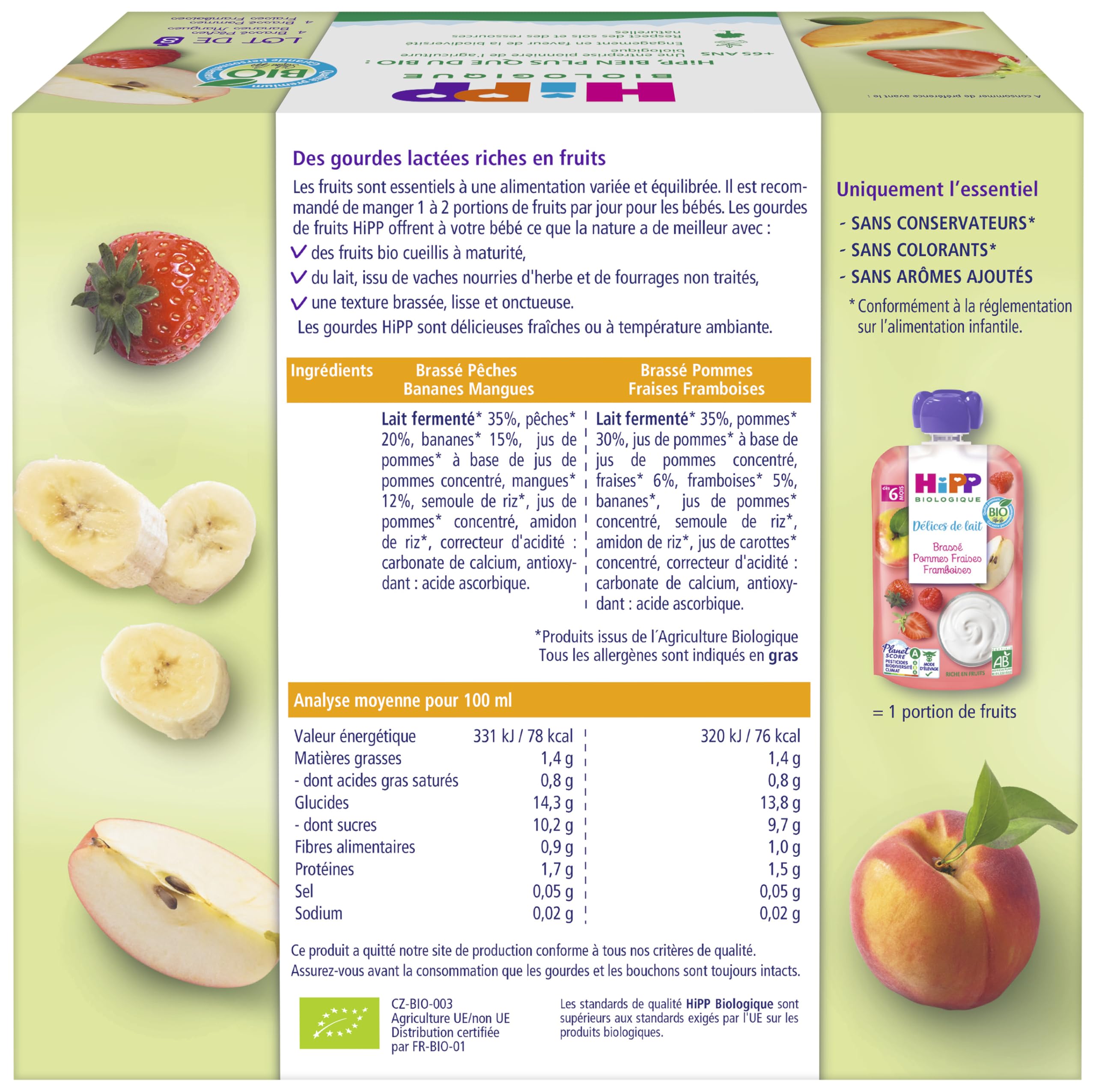 HiPP - Délices de Lait - Brassés 2 Variétés Dès 6 Mois - Gourdes - 8x90g - Lot de 4 - BIOLOGIQUE