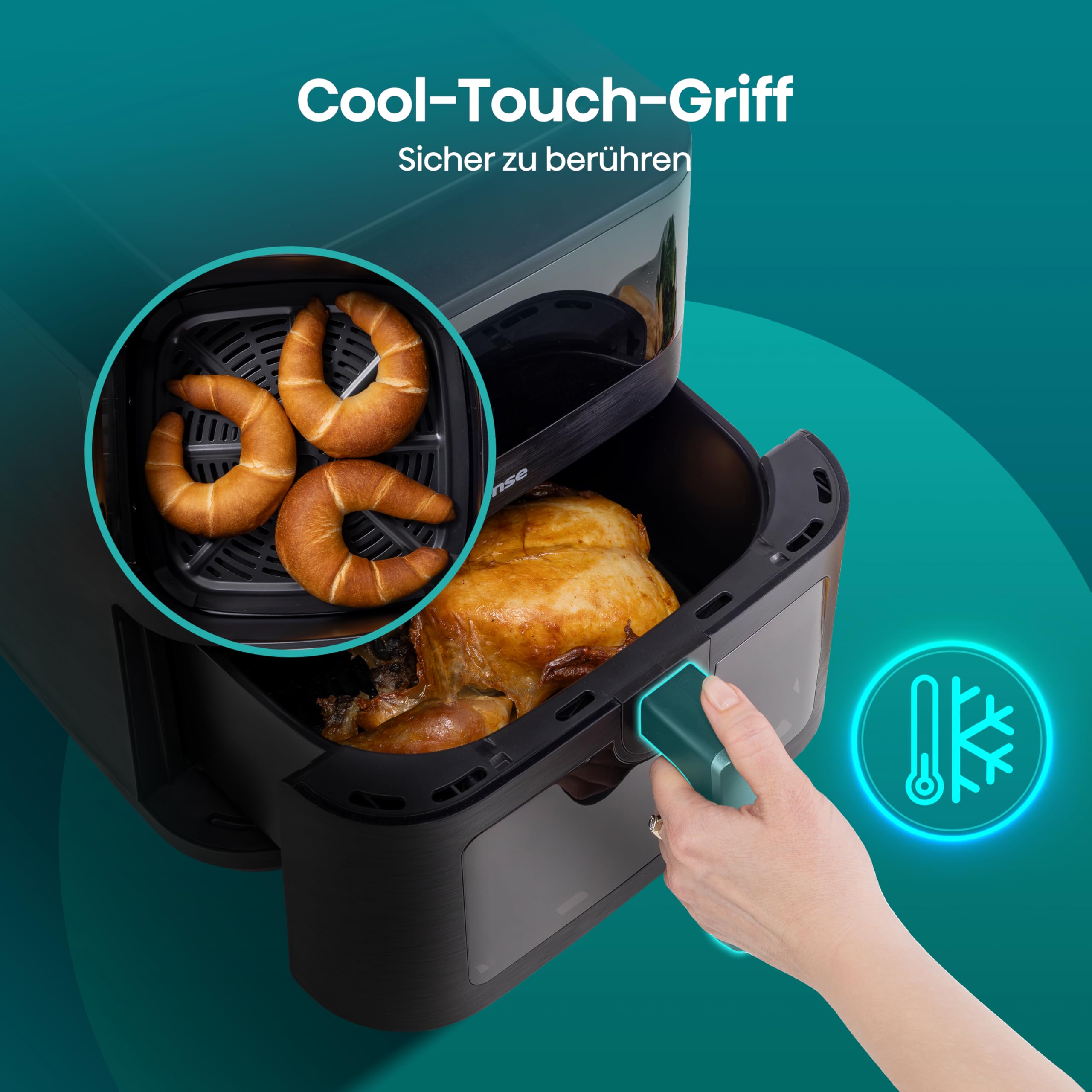 Hisense HAF2100DCD Heißluftfritteuse /2100 W /7,7 L Kapazität /10 voreingestellte Programme/Antihaft-Beschichtung/Energieeffizient/Start Delay Funktion/HxBxT: 40,1 x 31 x 35 cm/Schwarz