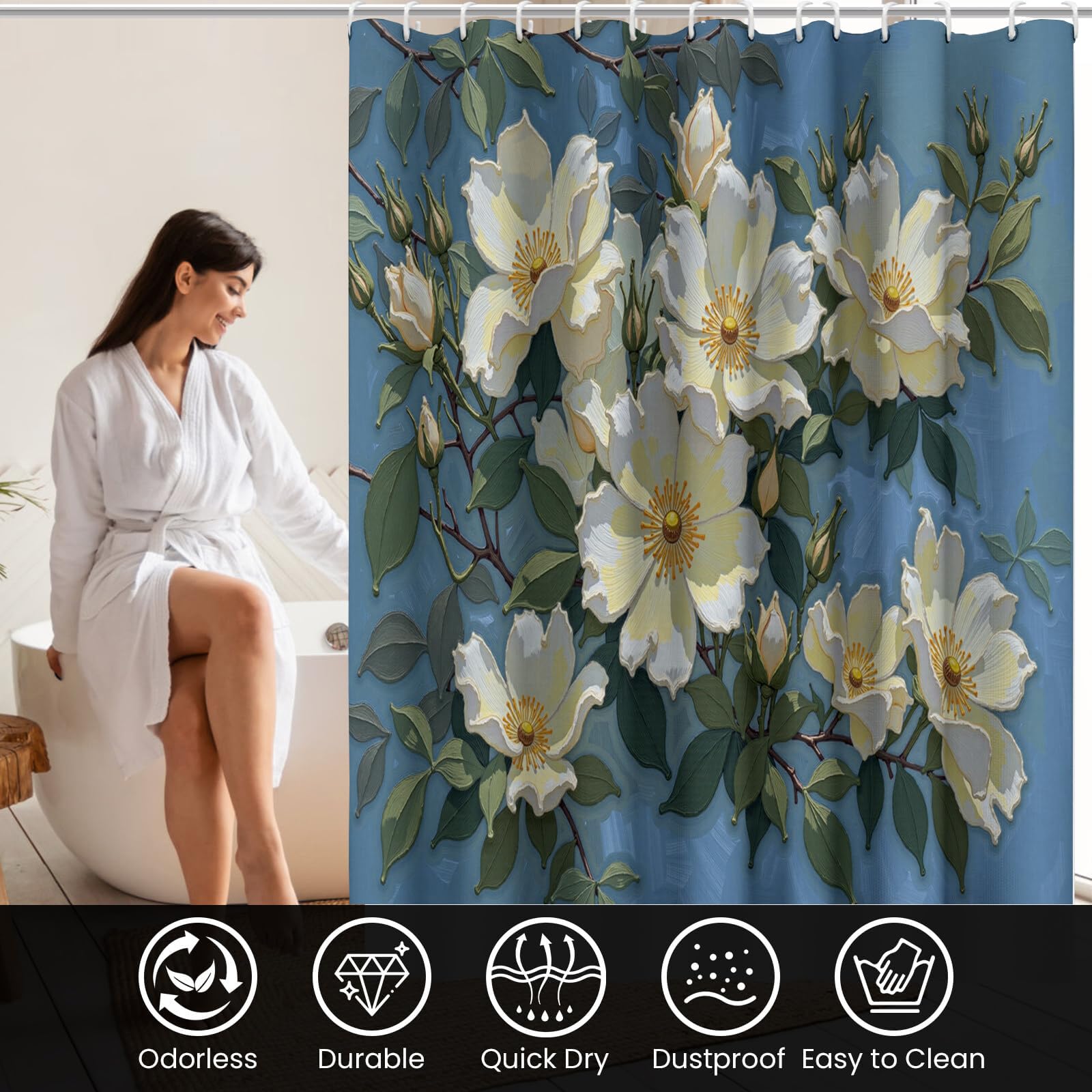 Rideau Douche,Rideau Baignoire Lavable en Machine Rideaux Douche Tissus Lavable Rideau De Baignoire Lavable pour Salle De Bain Domicile Baignoire Famille,Roses Feuilles Vertes,