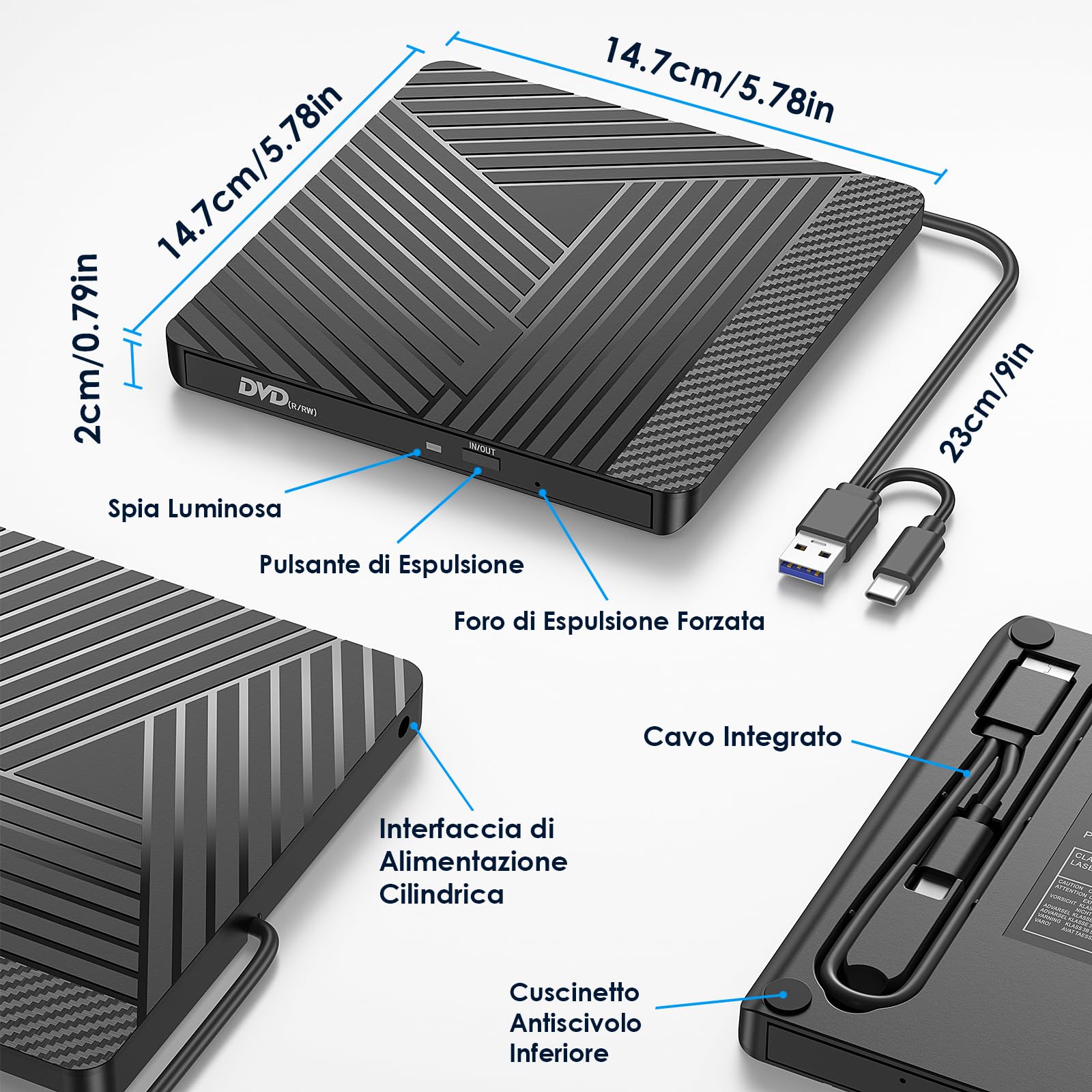 Masterizzatore DVD CD Esterno USB 3.0 Type C Lettore CD DVD +/-RW Drive per PC Laptop Mac