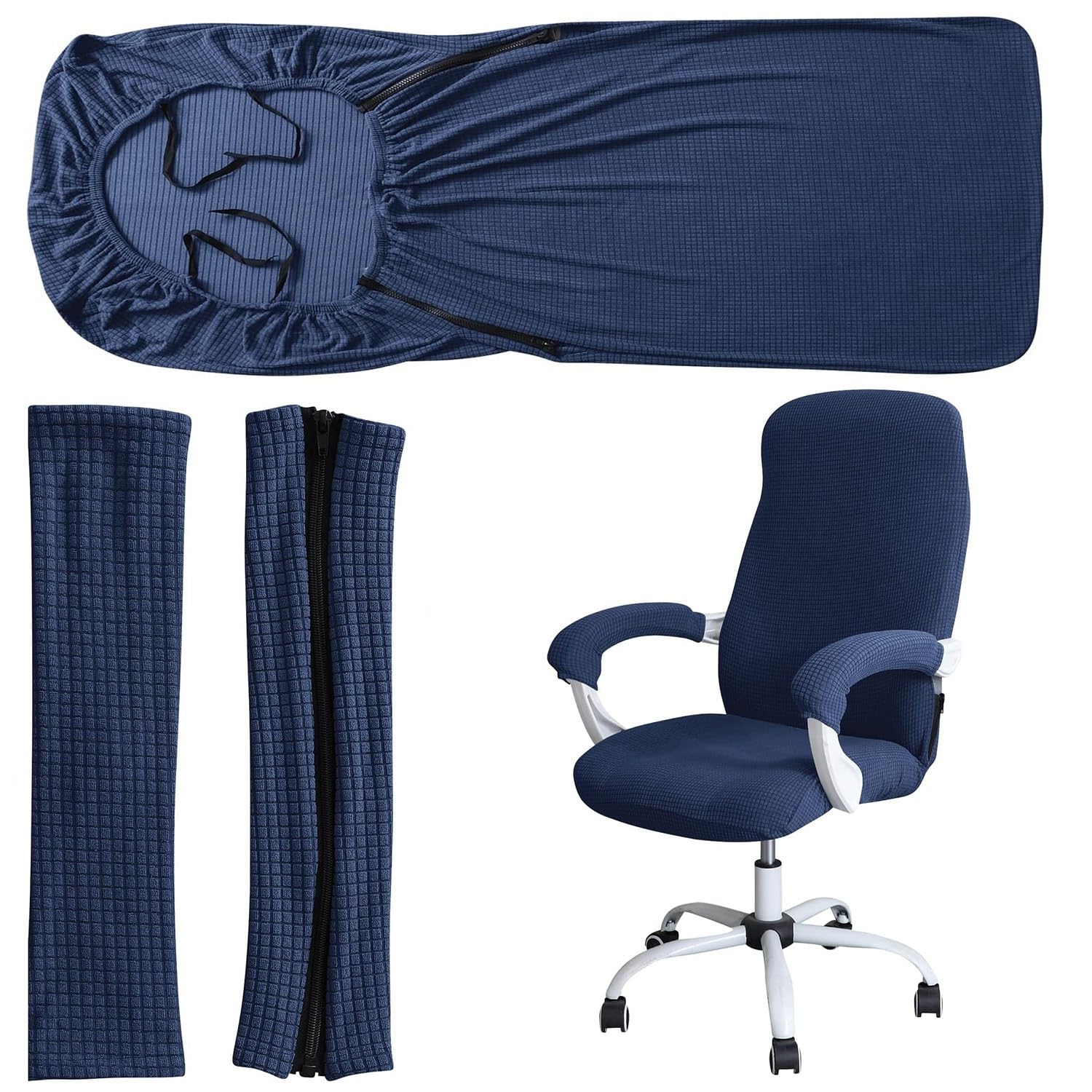 Rtsfkfs Navy Armrest Chair Covers, Water Repellent Jacquard Office Swivel Chair Slipcovers Removable Stretch Universal Computer Seat Protector Includ 1 Chair Cover & 2 Arm Covers(,S)