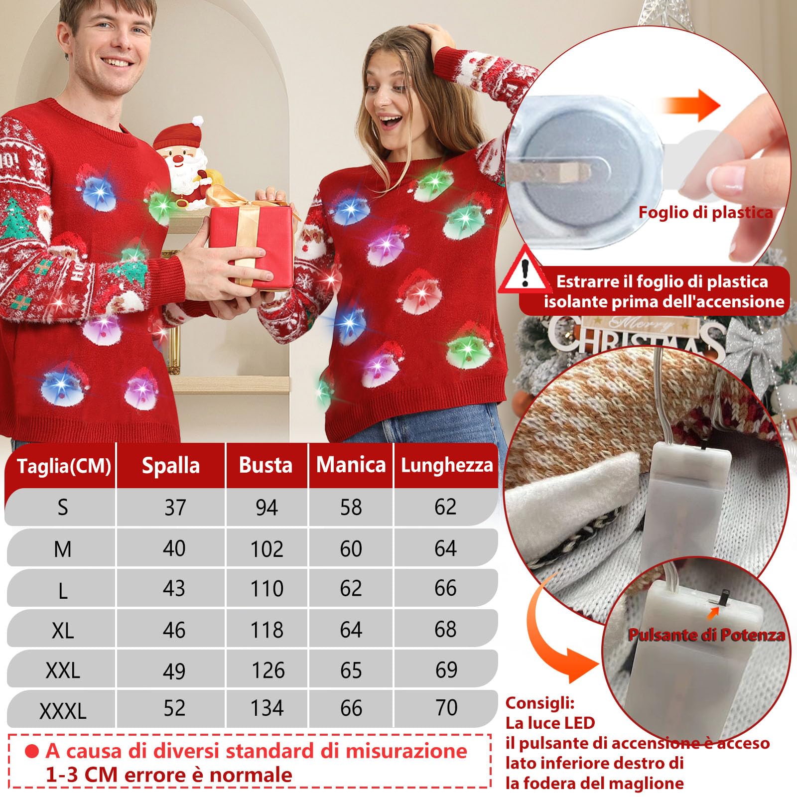 Maglione Natalizio con Luci LED, Maglioni Natalizi Famiglia Set, Brutti Maglione Natalizio Uomo Donna Ugly Christmas Sweater, One Piece Manica Lunga Maglia Natale Maglione di Natale per Coppia