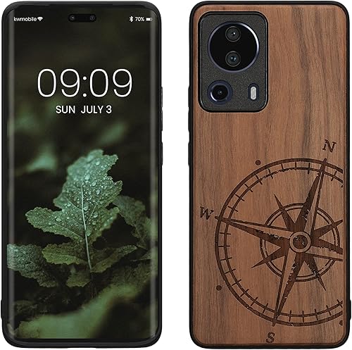 kwmobile Funda de madera compatible con Xiaomi 13 Lite 5G - Funda - Brújula de navegación marrón oscuro