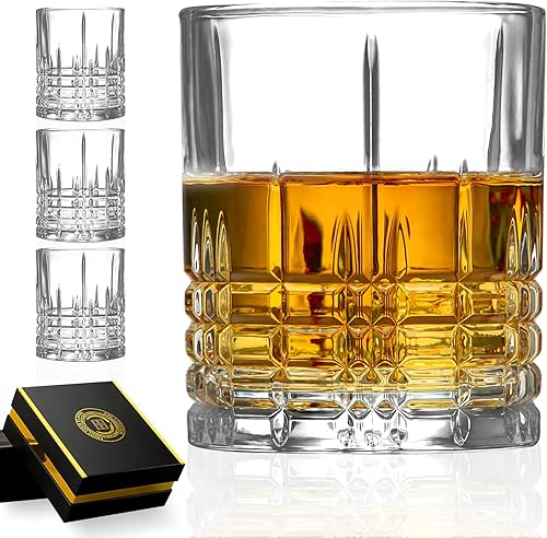 Juego de 4 vasos de whisky, vasos de cristal antiguos de 10 onzas, caja de regalo para hombres y mujeres, vasos de roca para bourbon, escocés,