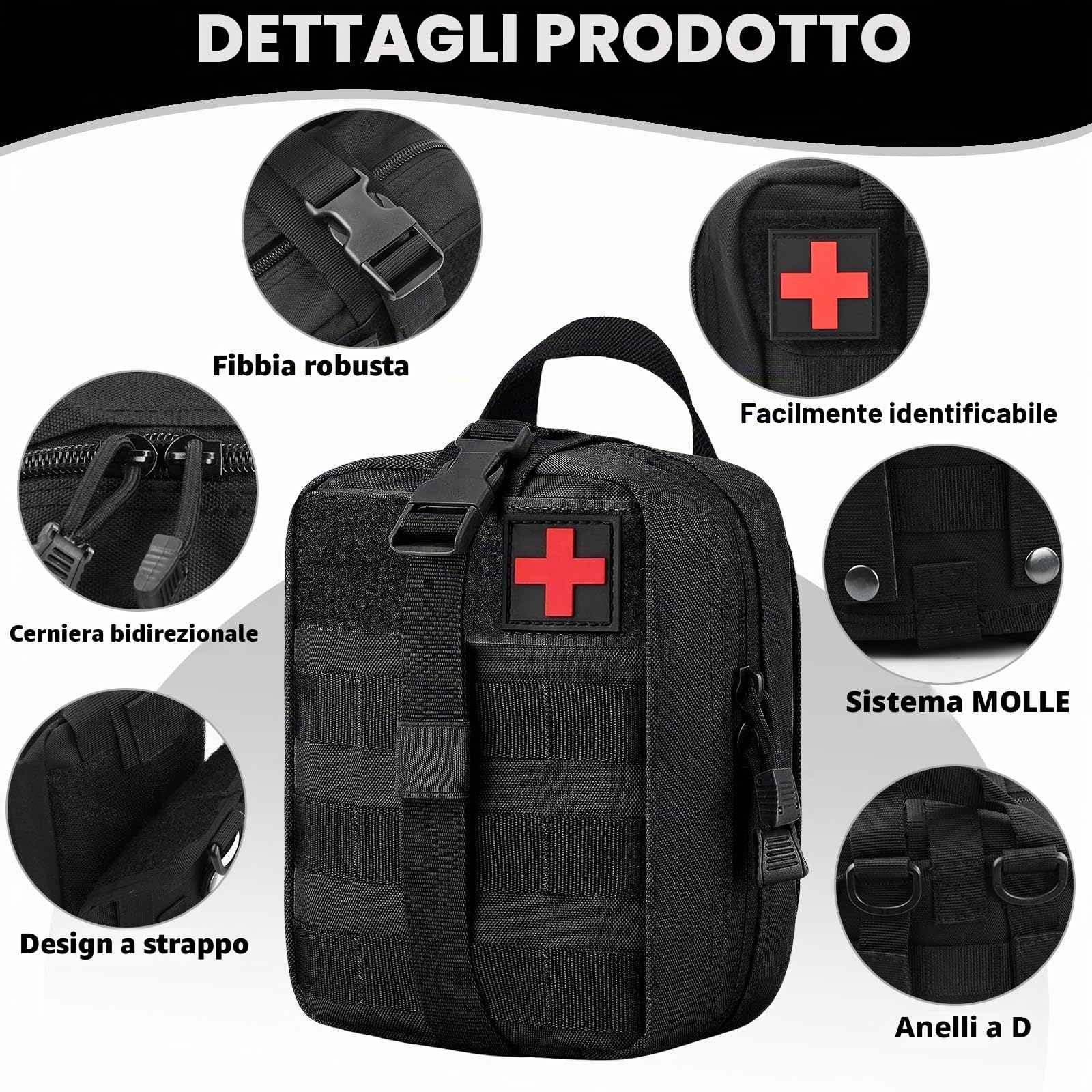 Borsa di Pronto Soccorso Tattico, Borsa Medico Smontabile Impermeabile, Sacchetto Emergenza Tattica Medico, Tattica Vuota Tasca, Kit Pronto Soccorso Trekking per Viaggio Campeggio (Nero)
