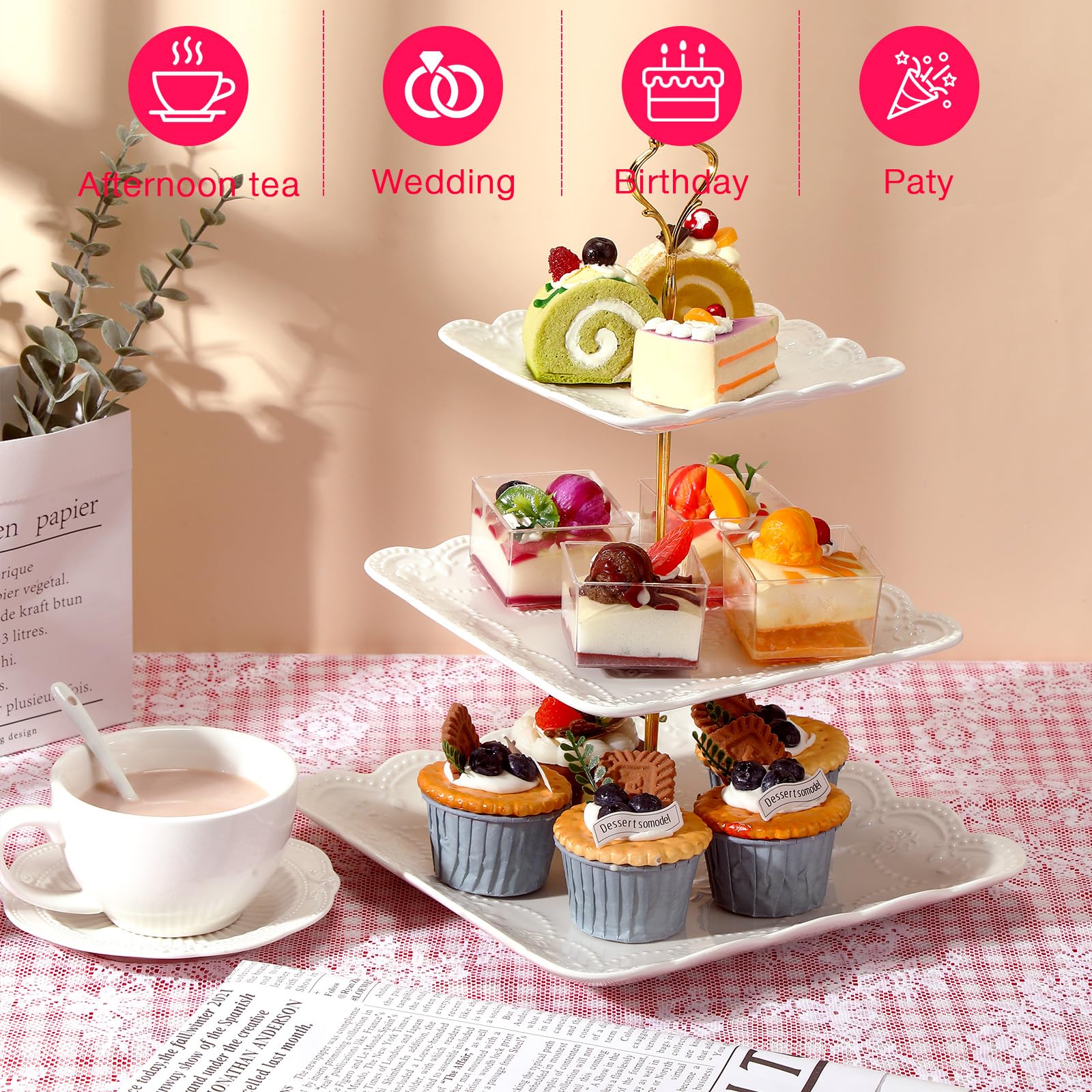 4 Pcs 3 Tier Serving Tray, Porcelain Cupcake Stand, Tiered Serving Stand, White Pastry Dessert Holder Embossed Cupake Tower for Tea Wedding Birthday Valentine Easter Party(Lace Square Style)
