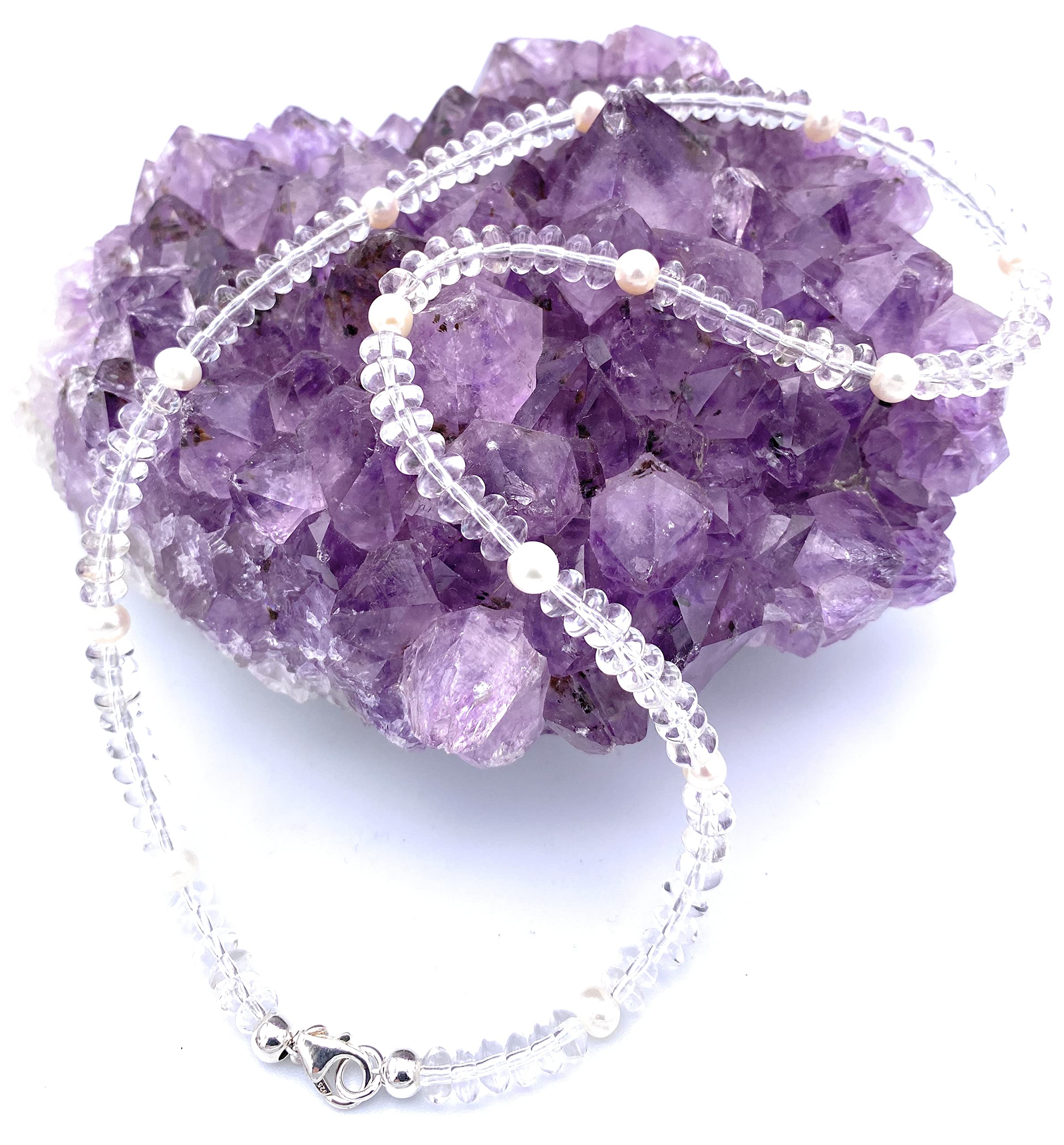 Bergkristall Schmuck (Halskette) Bergkristall Kette mit Süßwasserperlen Verschluss 925er Sterling-Silber Modellnummer 255A