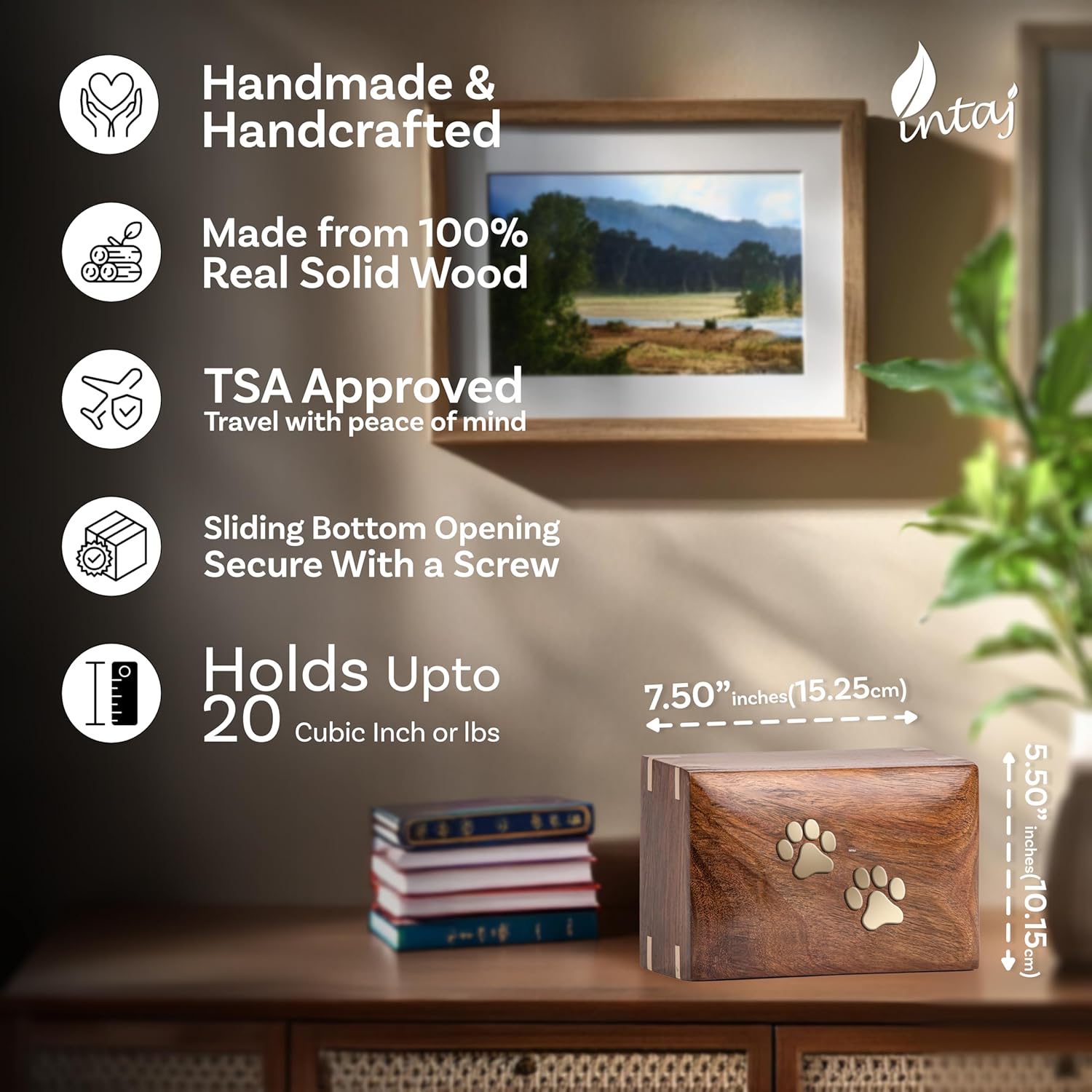 INTAJ Pet Urns for Dogs Ashes - Rosewood Dog Urn for Ashes Handcrafted - Paws Inlaid Cremation Pet urn for Cats - Decorative Wooden Box Keepsake Urn (Two Paws, M - 7.5x5.5x3.75)