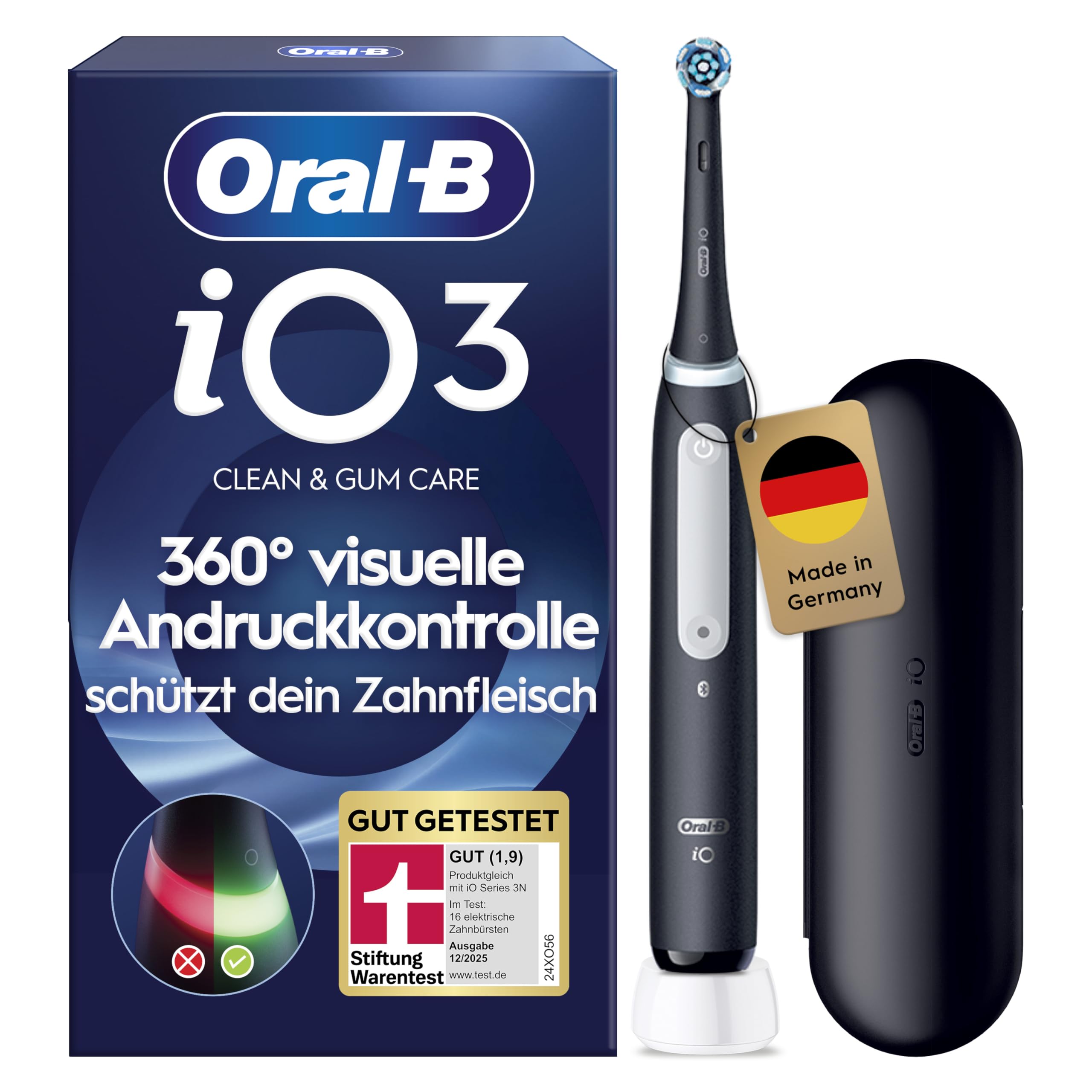Oral-B iO Series 3 Elektrische Zahnbürste — Electric Toothbrush, Inkl. 1 Aufsteckbürste, 3 Putzmodi für Zahnpflege — Designed by Braun, GUT GETESTET von STIFTUNG WARENTEST, Schwarz