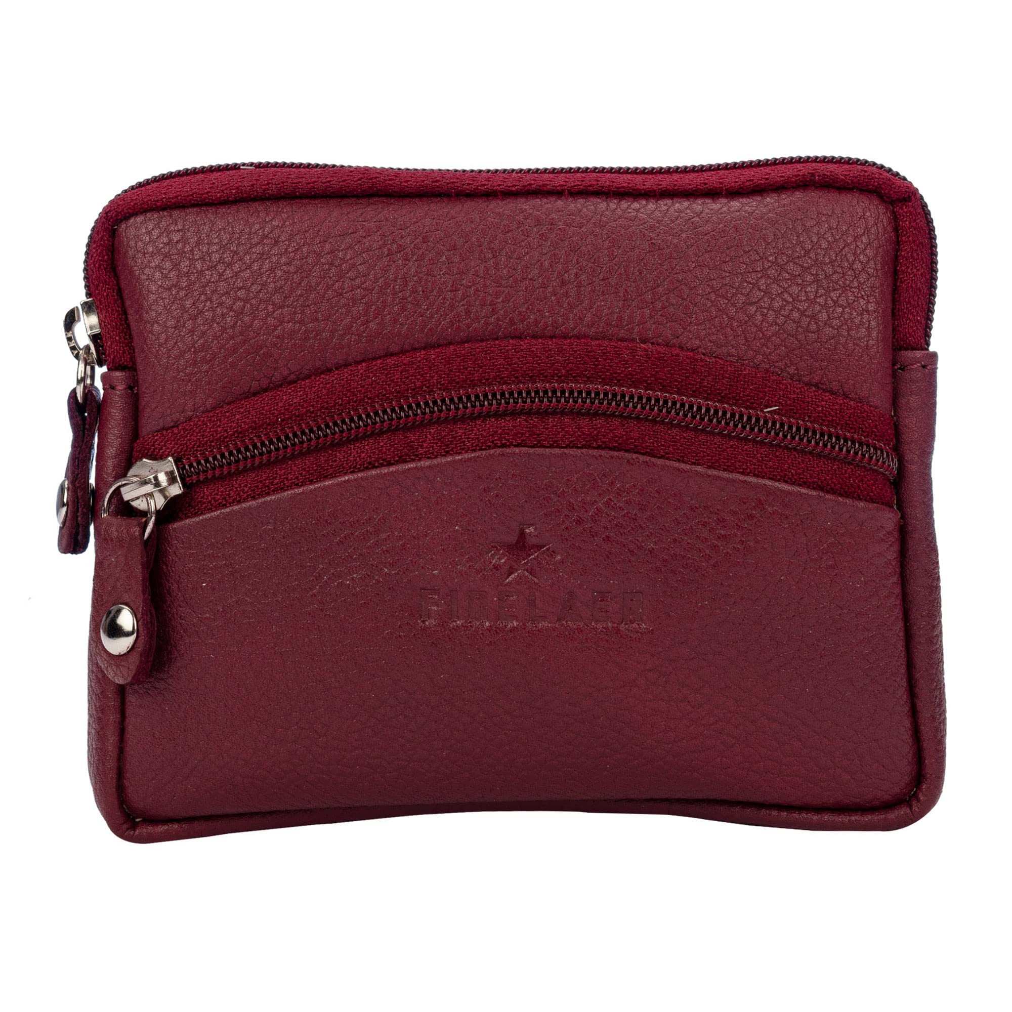 FINELAER Genuine Leather Coin Pouch Zipper Wallet Change Purse for Men Women (Maroon)