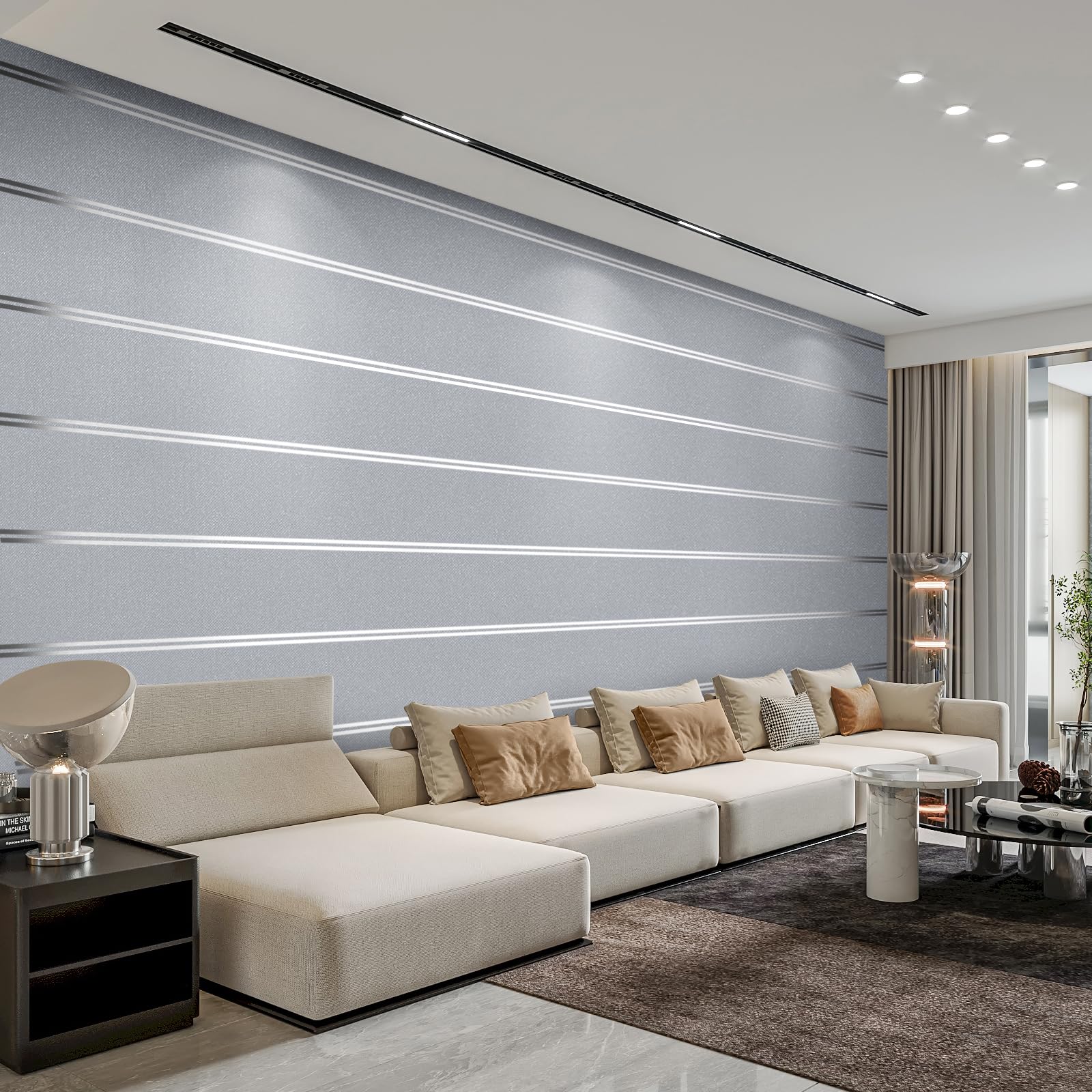 Tarwanear Silver Grey Wallpaper for Living Room 3D Embossed Nordic Horizontal Stripe Textured Wall Paper Modern Simple Silver Livingroom Wallpaper Lighting Luxury Background Wall