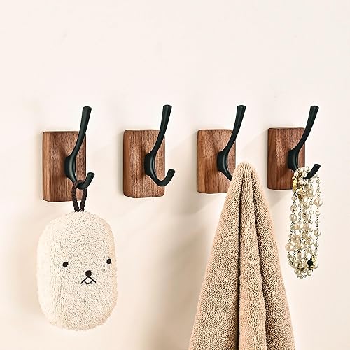 Paquete de 4 ganchos de pared de madera de nogal para colgar, montaje adhesivo y montaje en pared, colgador decorativo de madera de doble gancho