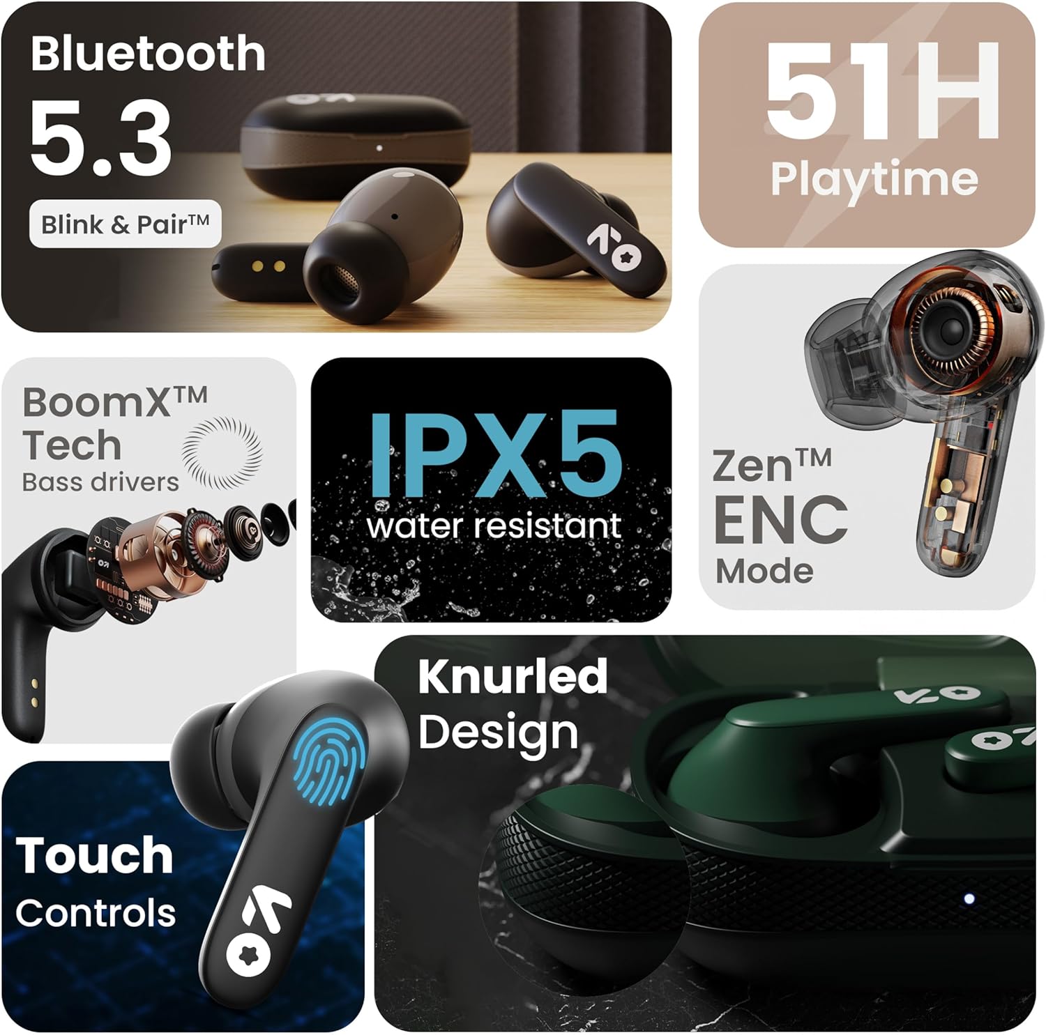 Boult Z20 Wireless Earbuds, Bluetooth 51H Playtime, ENC Mic, Touch Controls, Gaming Mode (Ivory White)