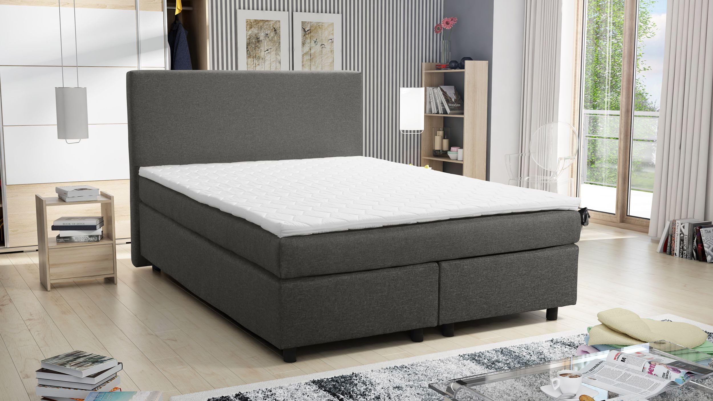 Kuechen-preisbombe Boxspringbett Hotelbett 140x200 Bonellfederkern Bett mit Topper Paxos 2 grau
