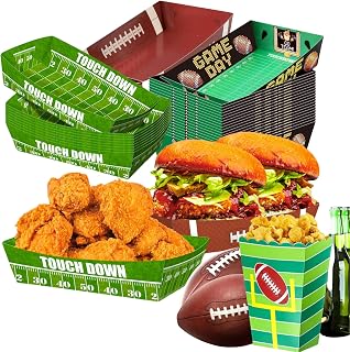 48Pcs Football Party Supplies, 36pcs Disposable Football Paper Trays Plates with 12pcs Popcorn Box for Football Theme Party Favors Gameday Birthday Sport Party Decor