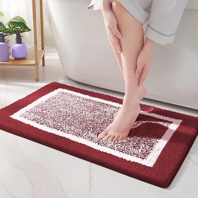 Color G 40 x 60cm Microfiber Soft Bath Mat, Non-slip Bathroom Mat Machine-washable, Shower Water Absorbent Bath Rug Durable Floor Mats (Red)
