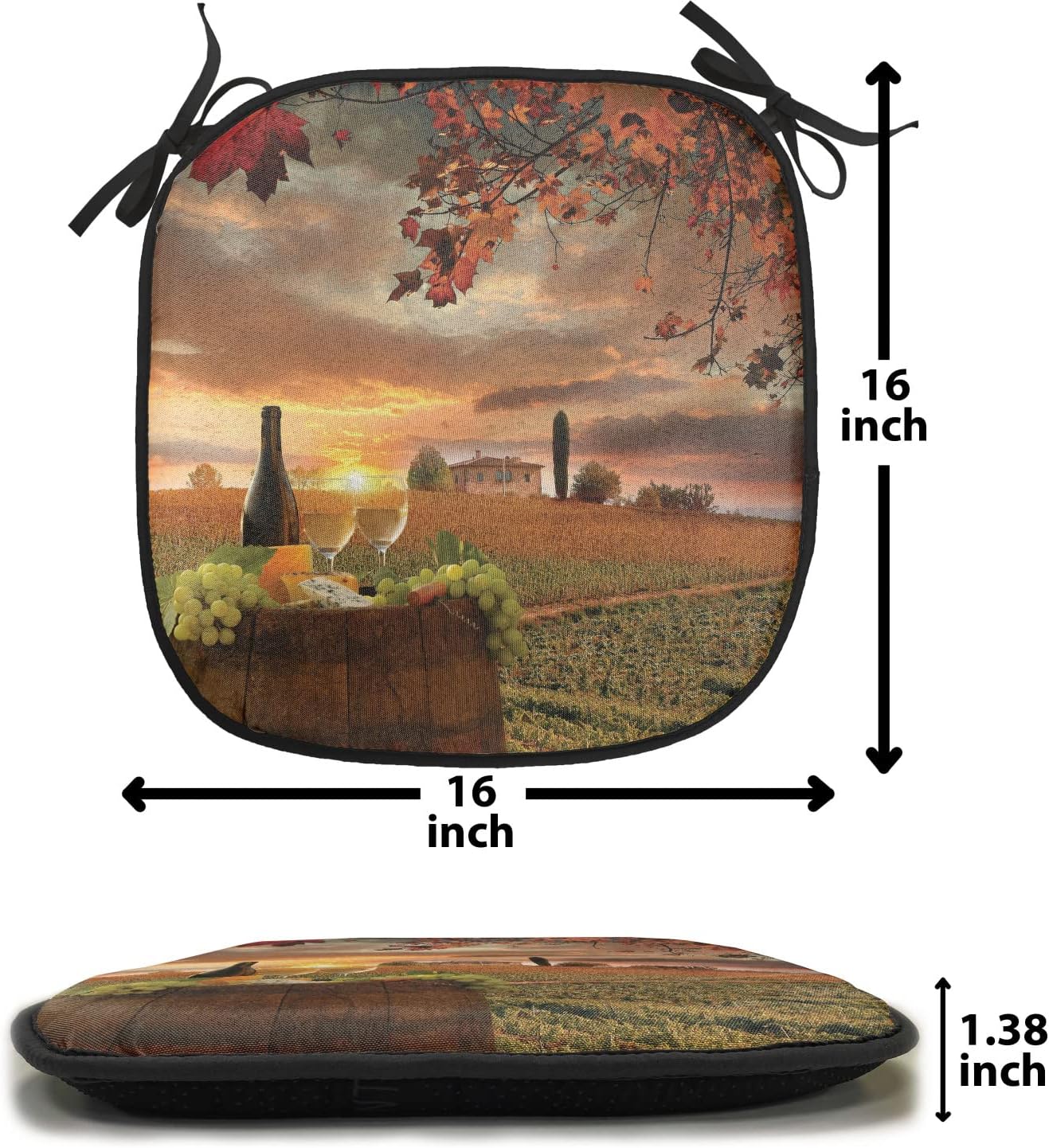 Lunarable Winery Chair Cushion Pads Set of 4, White Wine Cask on Vineyard at Sunset in Chianti Tuscany Italy, Anti-Slip Seat Padding for Kitchen & Patio, 16"x16", Apple Green Orange Brown