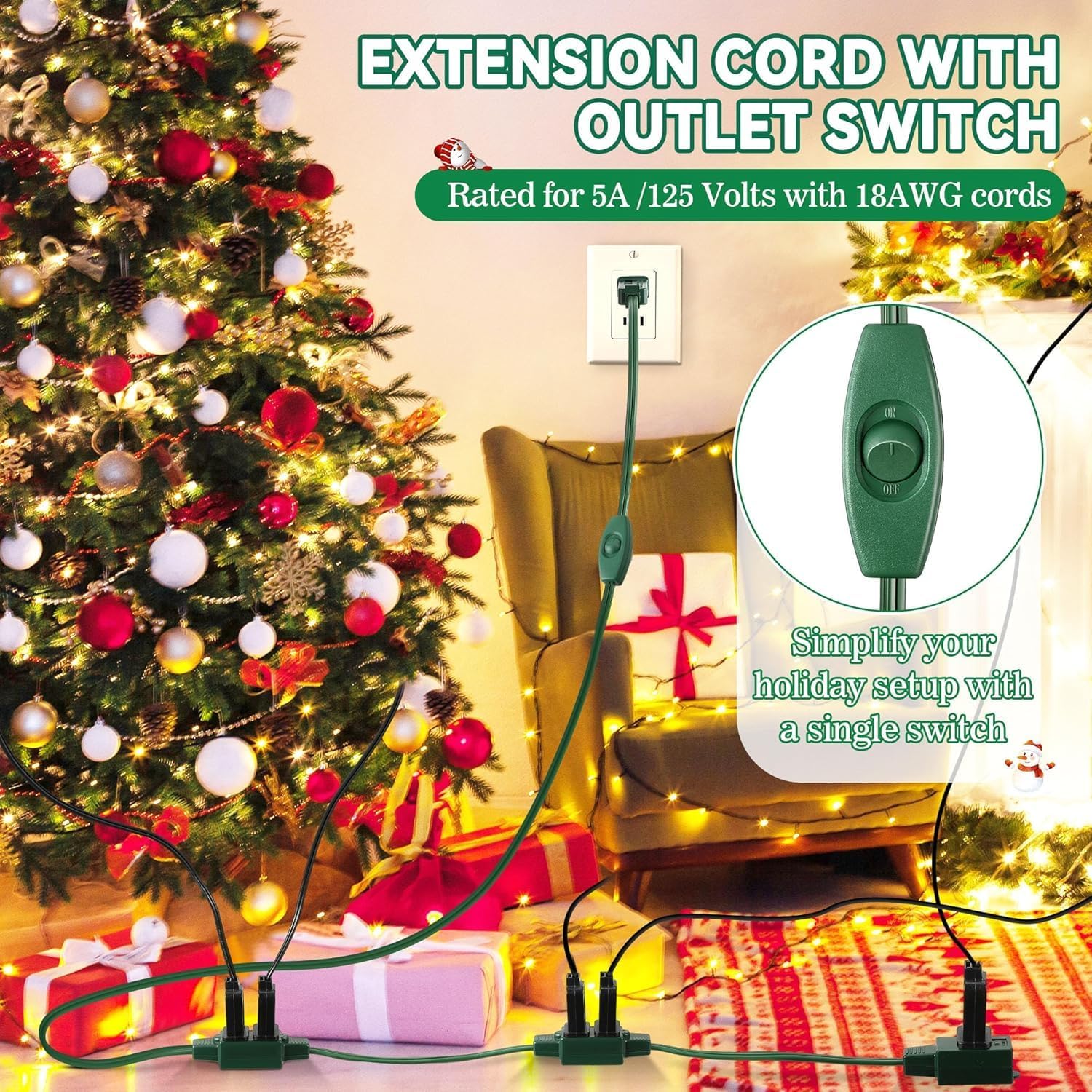 2 Pcs 26 Ft 18 Outlet Green Christmas Tree Extension Cord with Outlet and Switch, Xmas Tree Lights Extension Cord with Safety Fuse Male Plug for Home Office Christmas Holiday Lights