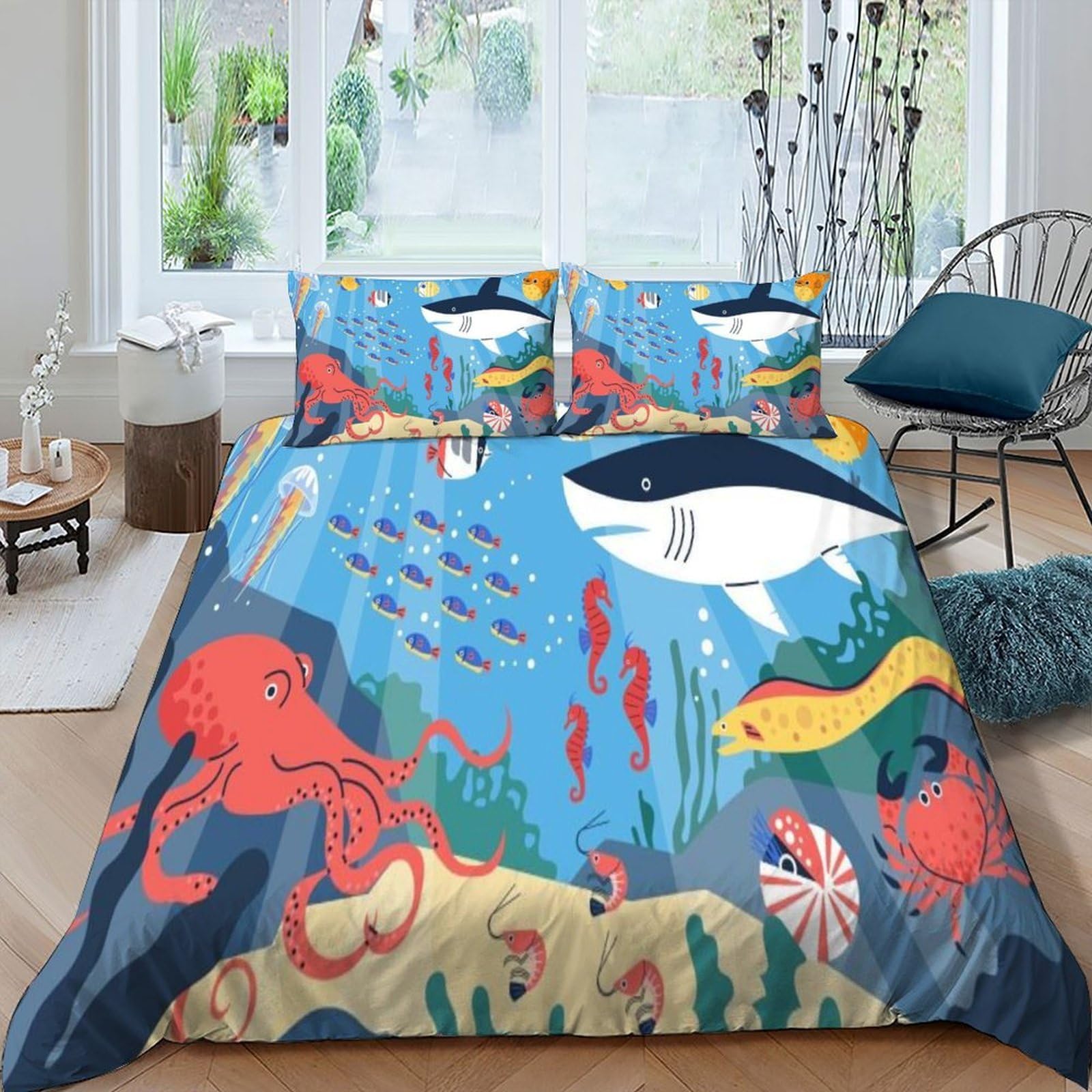 Housse de couette requin pieuvre 220x240 cm parure lit microfibre