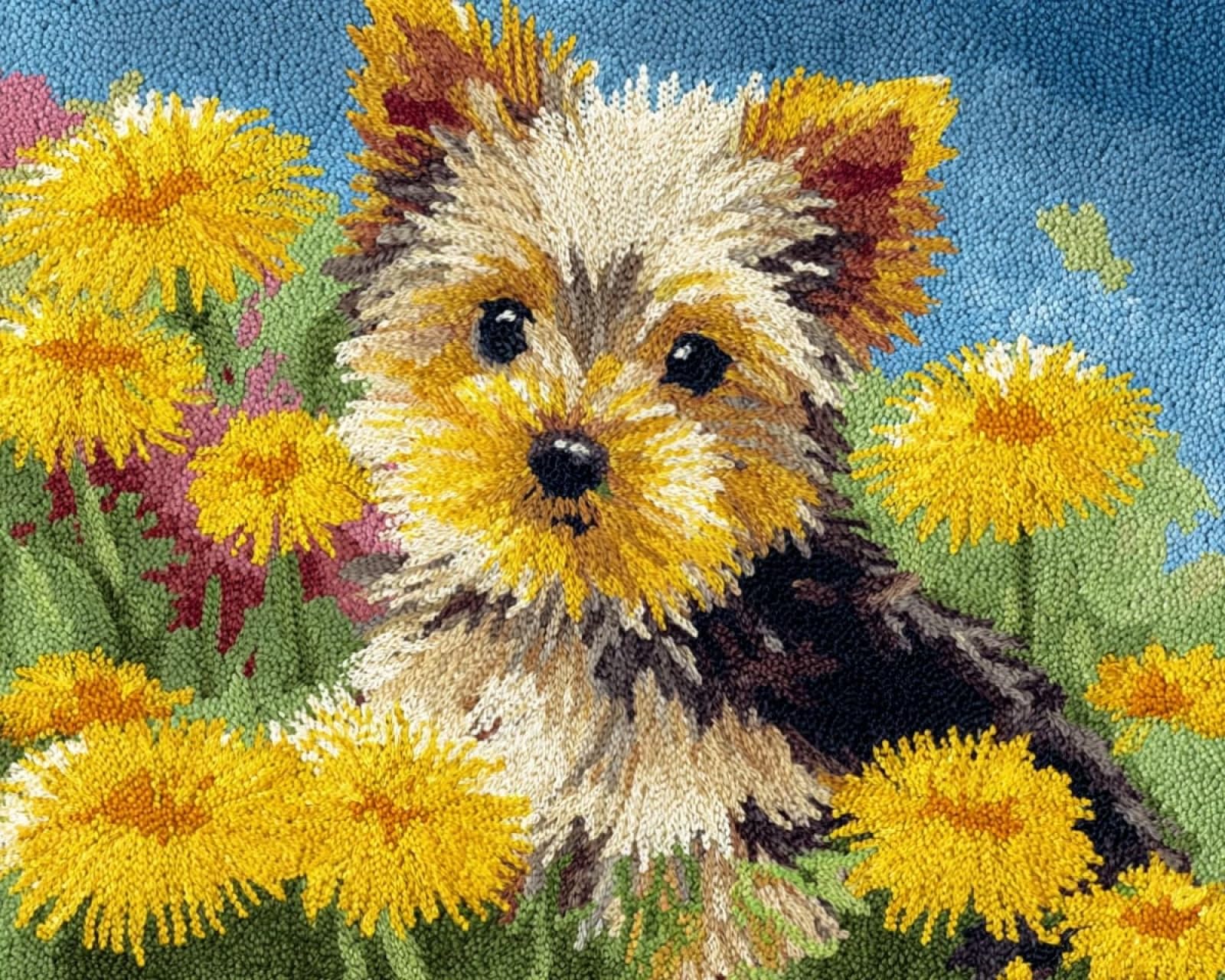 Wallphantom Latch Hook Kits for Kids and Adults,Yorkshire Terrier and Dandelion,DIY Latch Hook Rug Making Kit,Carpet Making Crochet Kits Needlework Crafts for Home Decor,80x115cm