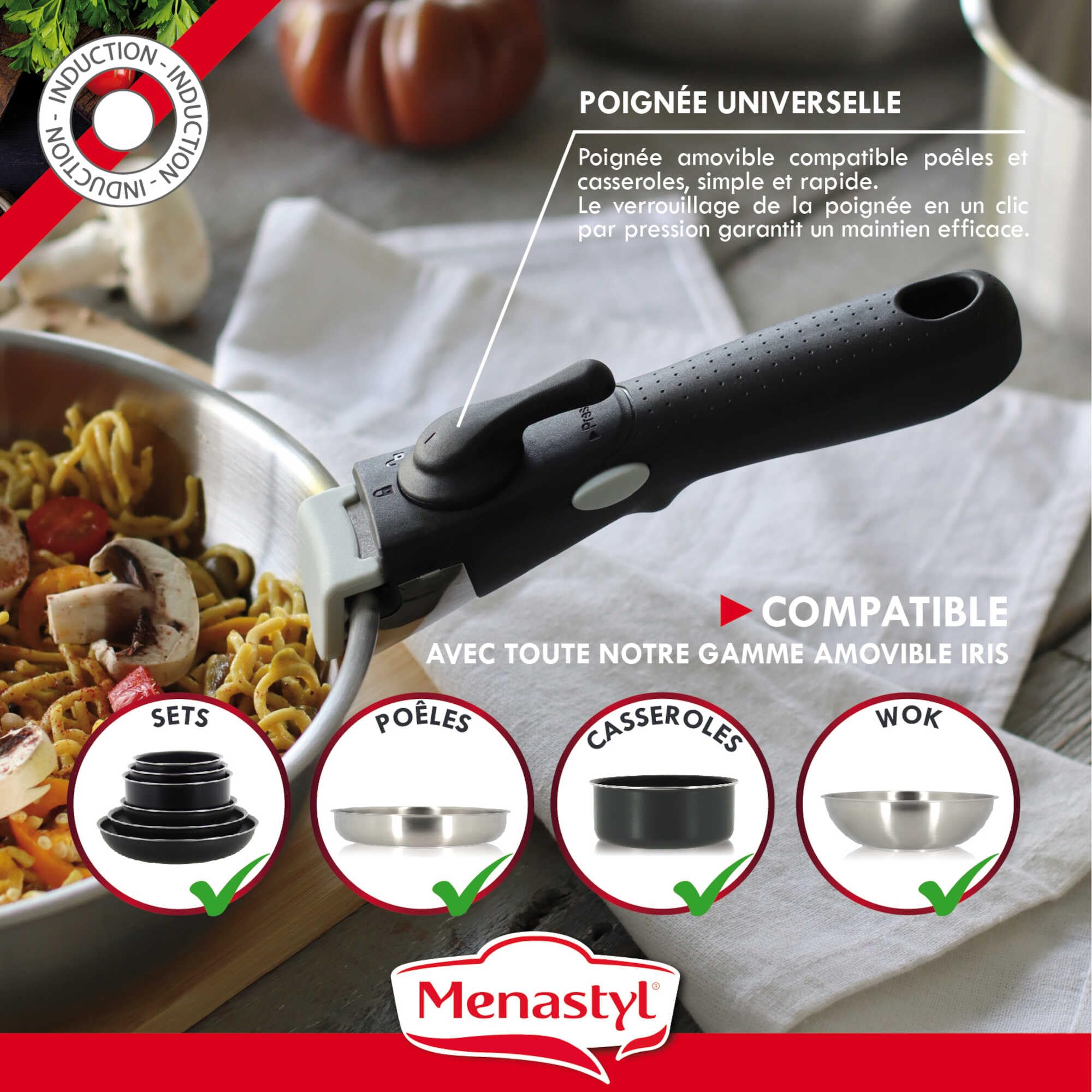 MENASTYL Wok Amovible IRIS EASYCLIP 28cm Inox - Compatible Tous Feux Dont Induction Et Four