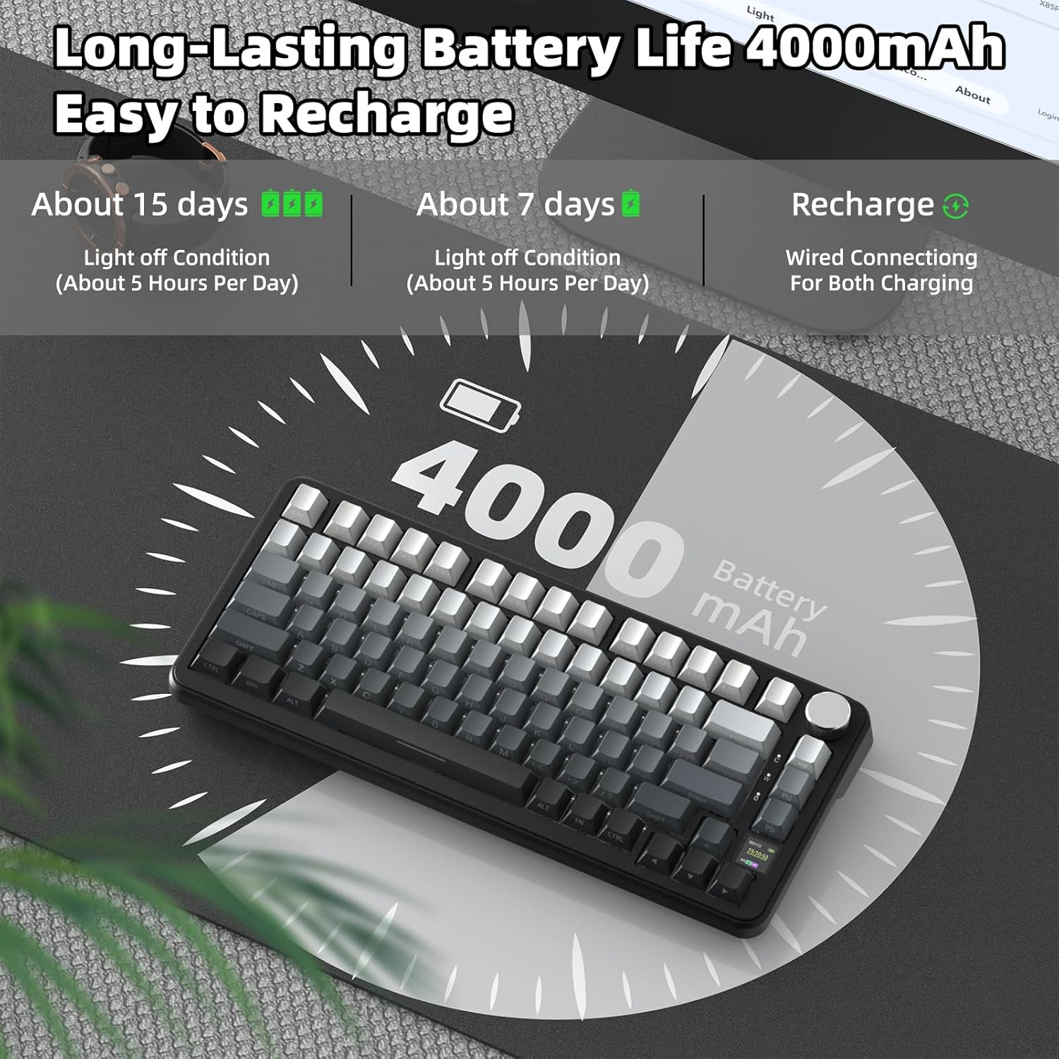 ATTACK SHARK X85PRO 75% Wireless Mechanical Keyboard,TFT Smart Display & Knob,BT/2.4GHz/Wired Gaming Keyboard,Side Printed & 5 Color PBT Keycaps,Gasket, RGB,Hot-Swap,with Pro Cable, for PC/MAC (Moon)