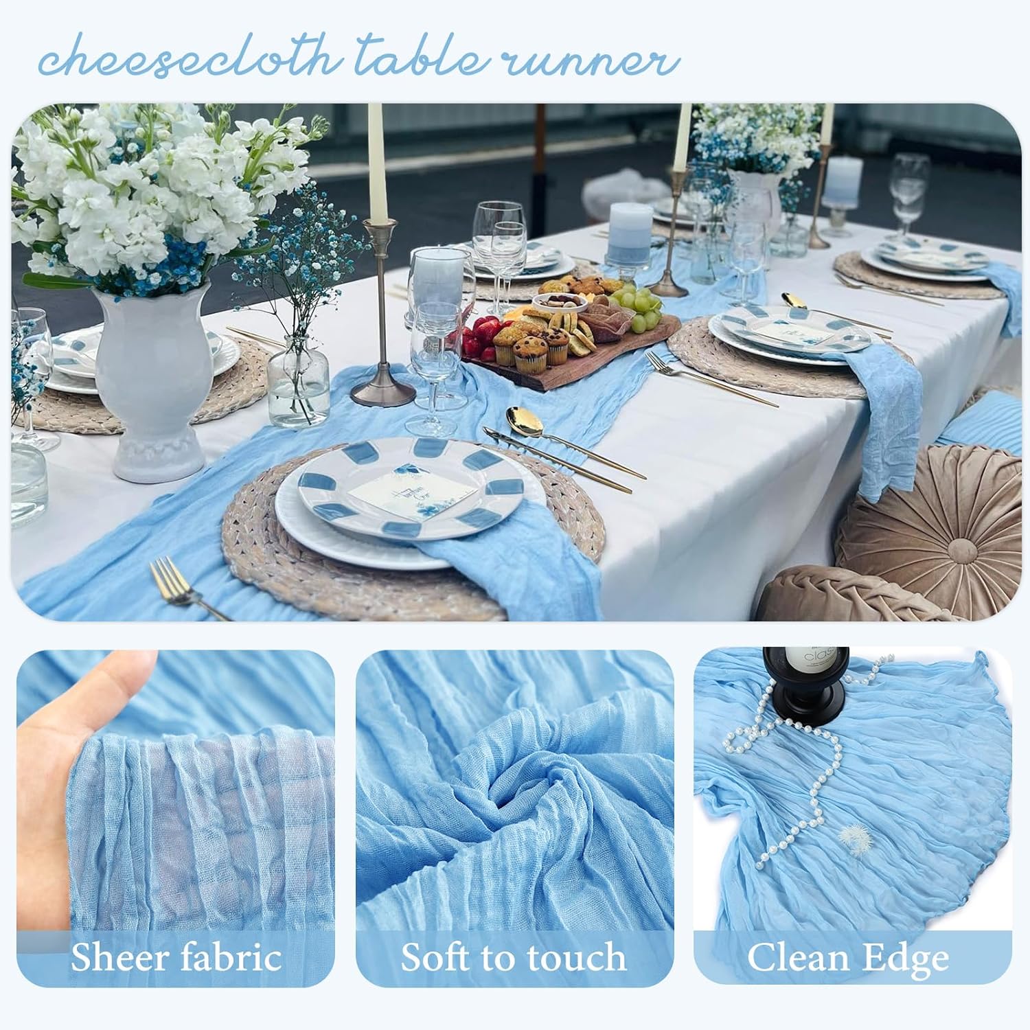 12 Pack Baby Blue Cheesecloth Table Runner 35x120 Inch Gauze Rustic Boho Table Runner 10FT Cheese Cloth for Spring Wedding Decor Birthday Party Bridal Baby Shower Easter Table Decoration