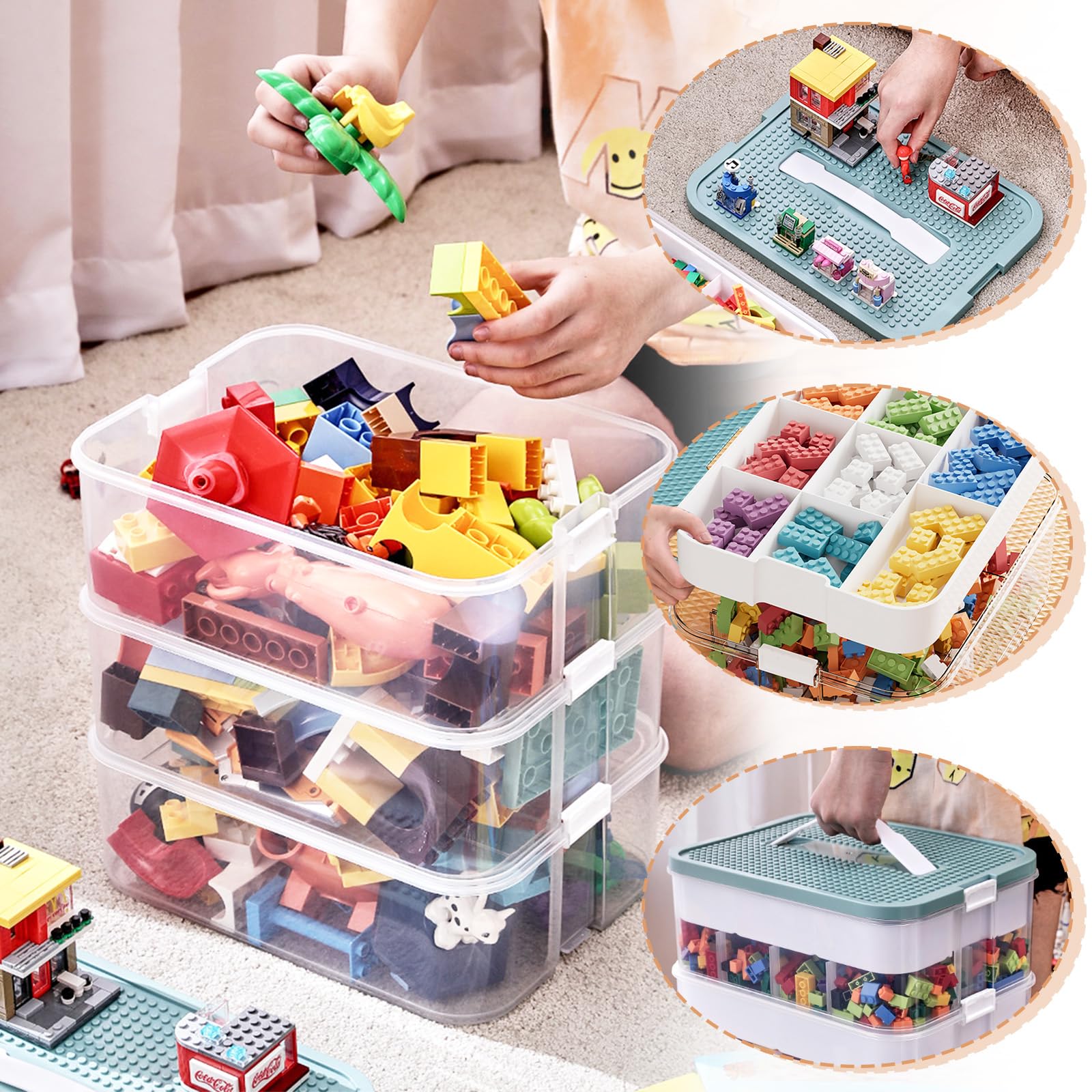 Scatole Plasticaa per Lego, 3 Strati Contenitore Portaoggetti per Giocattoli, Portaoggetti Impilabile in Plastica Trasparente con Scomparti, Per Riporre i Giocattoli Puzzle