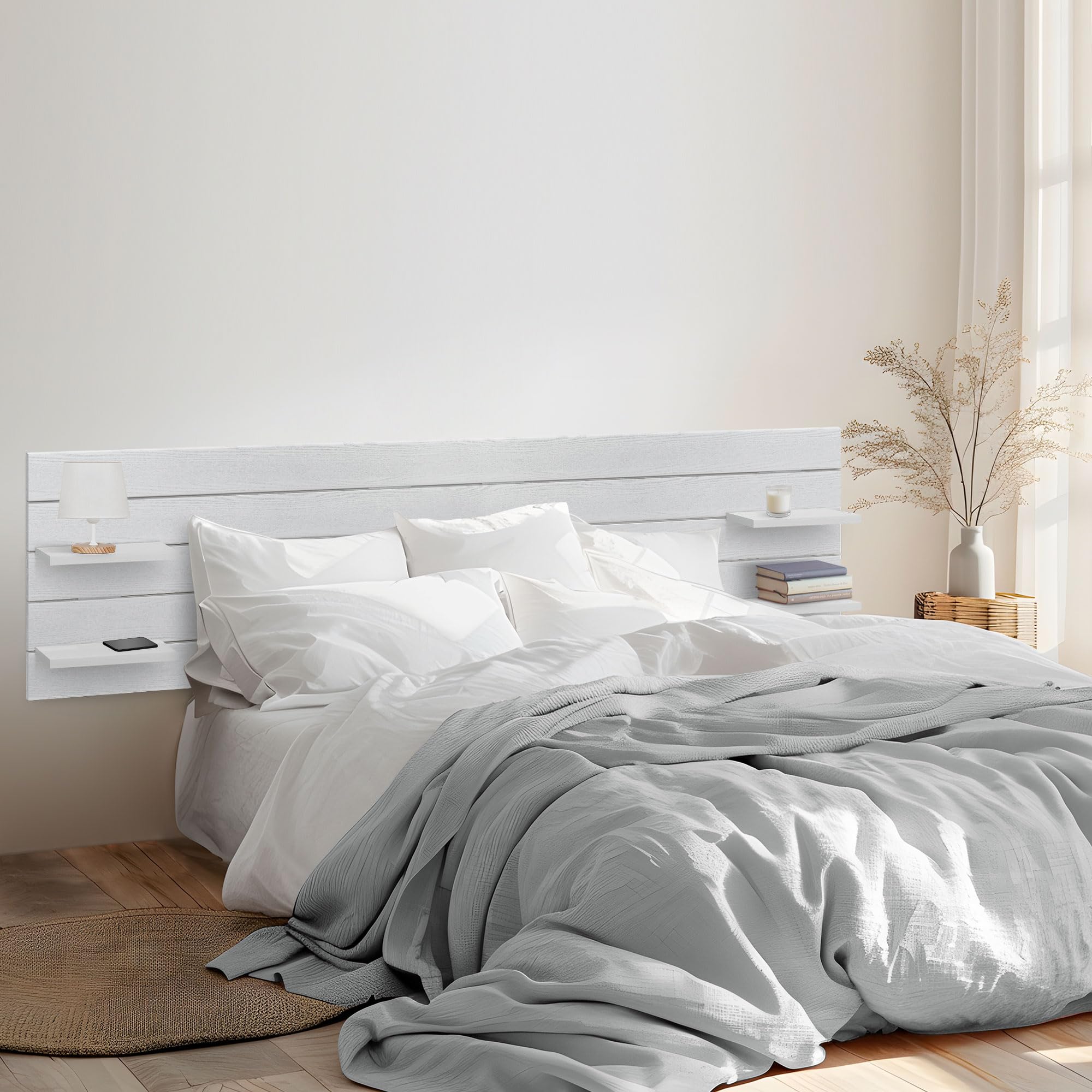 DHOME Cabecero con Estantes de Madera reciclada DM Colgante Pared Estilo Palet Horizontal Cama Vintage Nordico Herrajes incluidos (Blanco Madera, 270cm)