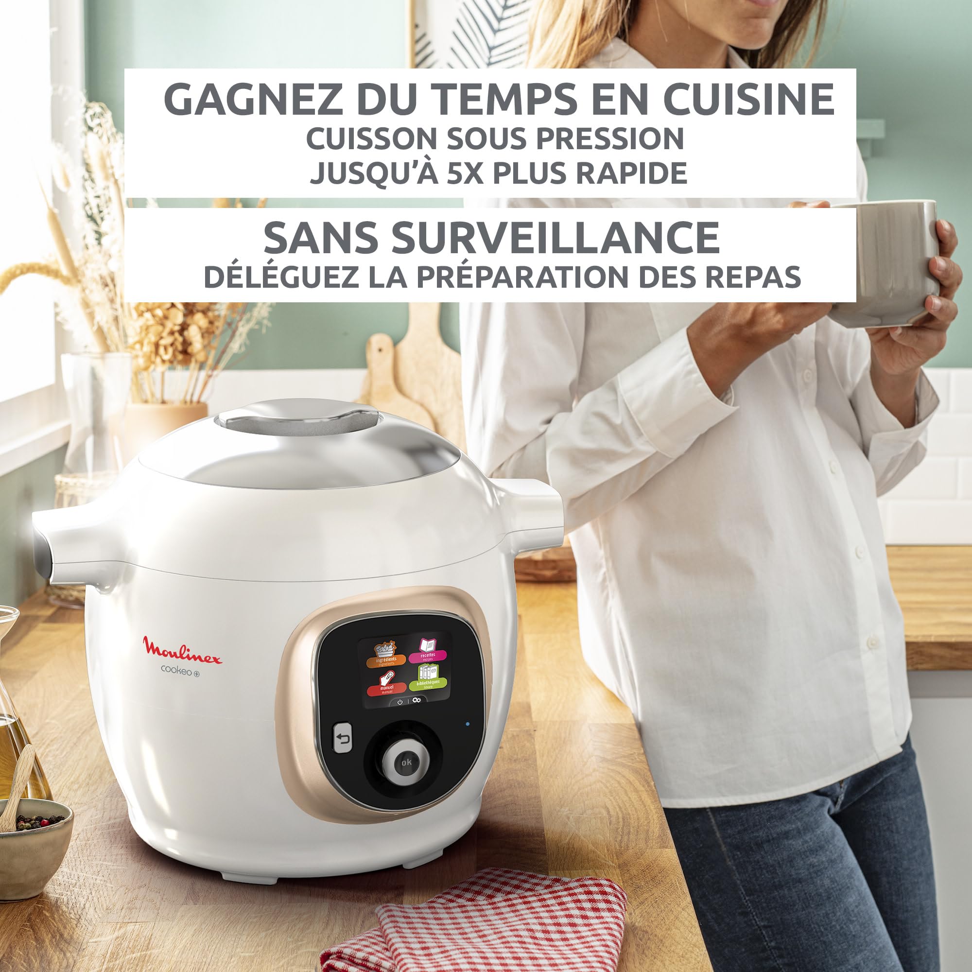 Moulinex Cookeo Multicuiseur intelligent, Capacité 6 L, Haute pression, Ecran intuitif, Guide de cuisson pas à pas, Couvercle de conservation, Application dédiée, 150 recettes, Blanc CE85CA10