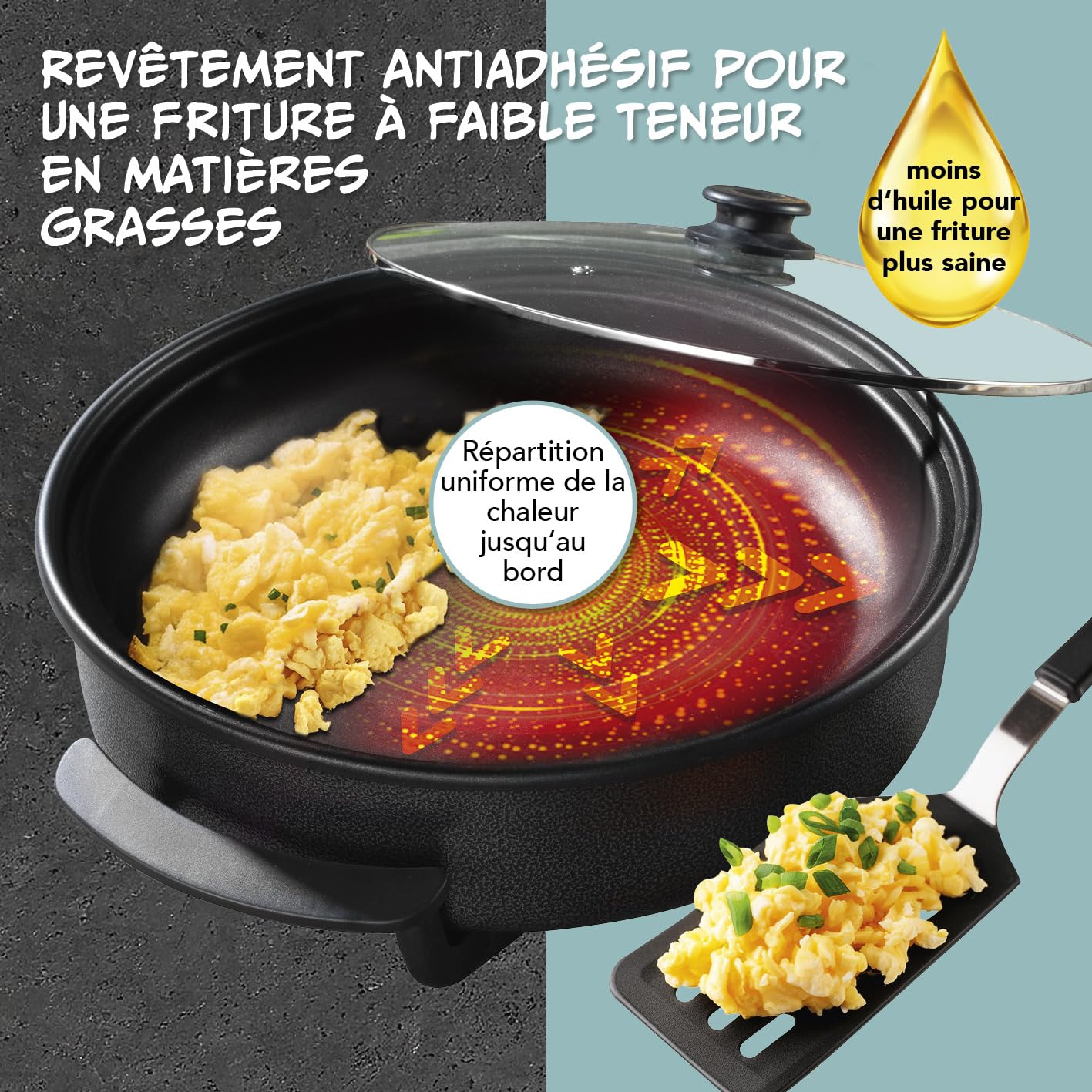 GOURMETmaxx Poêle électrique ⌀ 40cm | Hot Pot thermostatique, couvercle en verre & volume XXL avec revêtement antiadhésif - parfait pour paella, braisage & wok | 1500W
