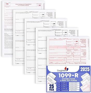 1099-R Tax Forms 2025 distributions 25 Sets of 4-Part, Laser Forms, Federal and State Copies 2 Forms on a Sheet with 3 1096 Transmittals, 2025