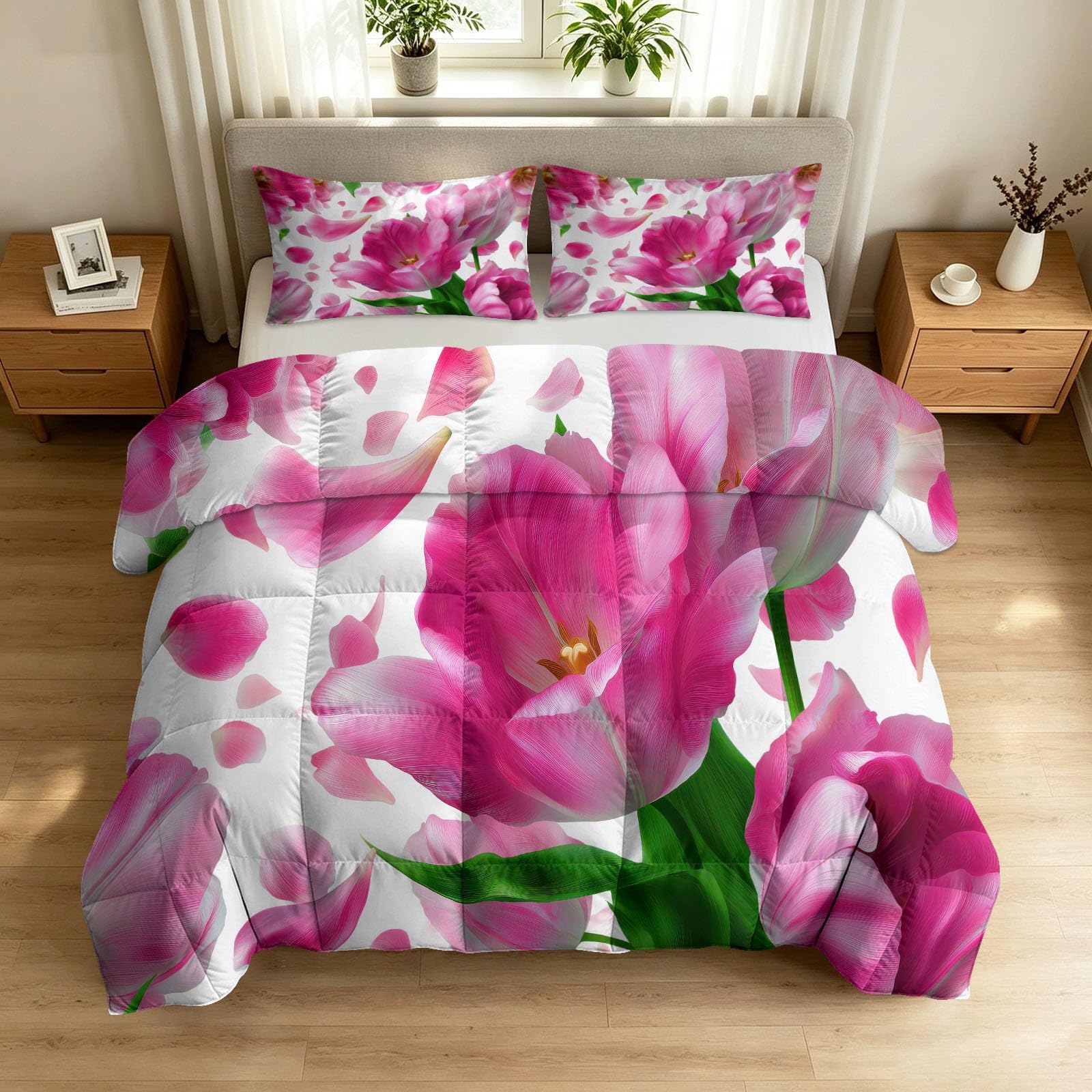 Edredón de verano 220x240 cm rosa con estampado de tulipanes y dos fundas de almohada lavables