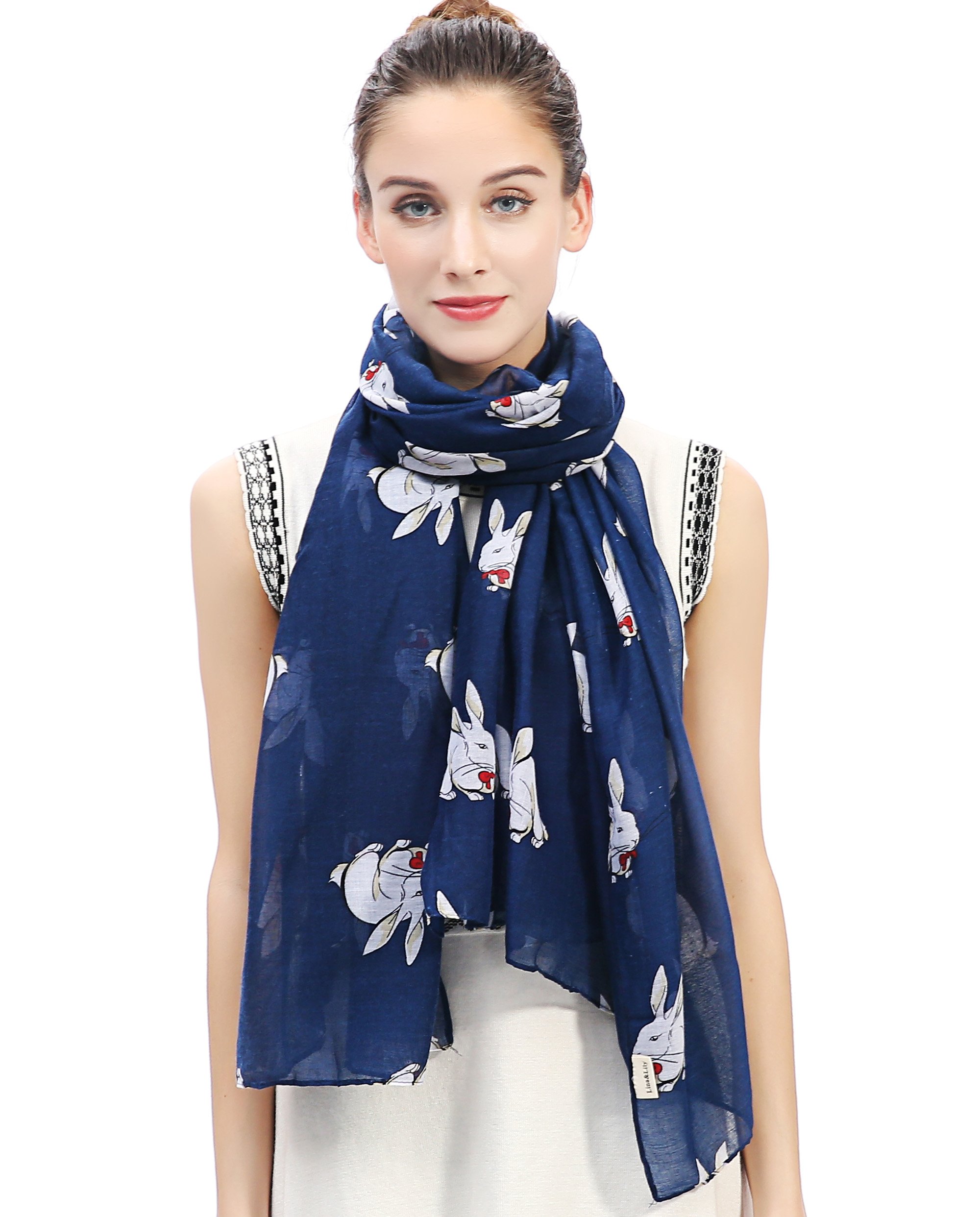 Lina & Lily Women's Navy Blue Rabbit Bunny Print Scarf Shawl Oversized (Navy Blue)