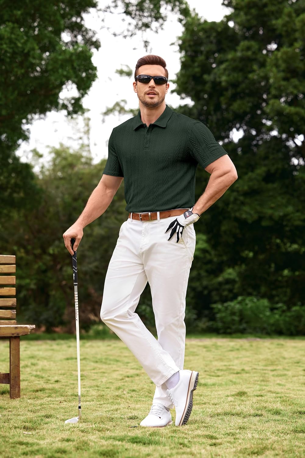 JMIERR Men's Textured Knit Polo Shirt Summer Short Sleeve Vacation Button Beach Knit Stretchy Golf Shirts - Image 3