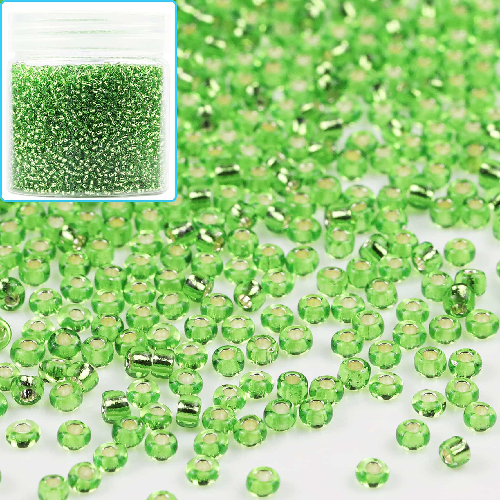 Bala&Fillic Size 12/0 Glass Seed Beads Green Color 2mm Transparent Silver Lined Seed Beads for Making Bracelet Necklace and Jewelry About 10000pcs/110g (Green) — image 1