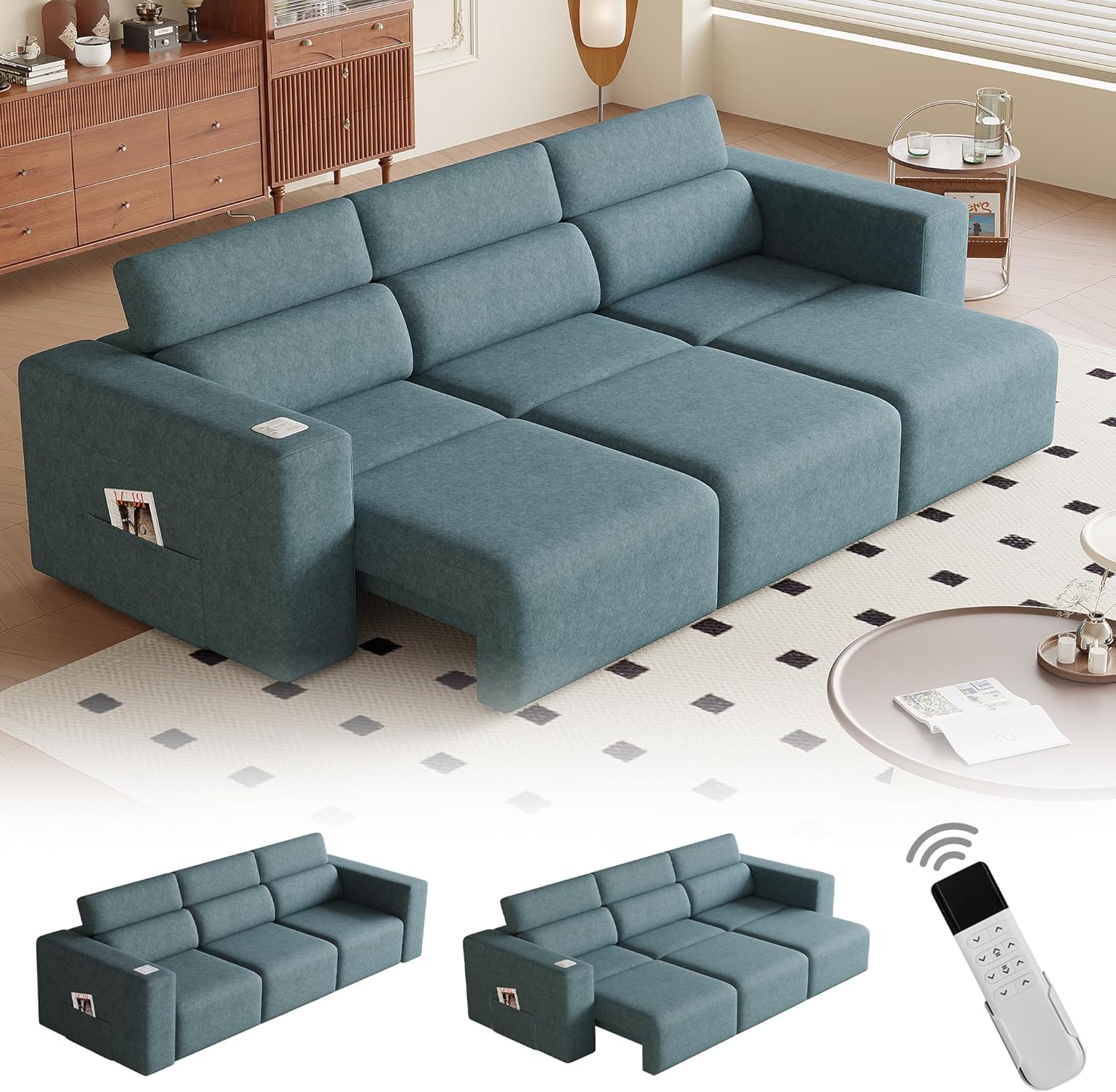 122” Electric Pull Out Sleeper Sofa Bed, 3-Seat Recliner Sofa Modular Couch with Bluetooth Stereo, Wireless Charging, Side Pocket, Power Recliner Couch for Living Room, Home Theater, Apartment(Blue)