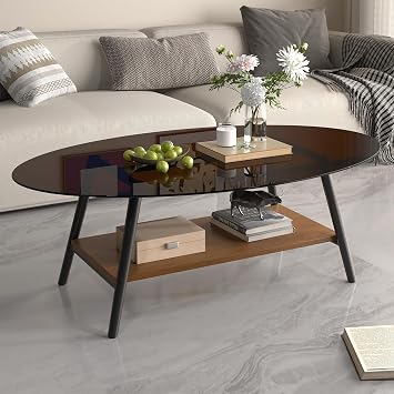 Hawthyhome Round Side Table 2-Tier Coffee Table with Storage Modern Glass Table Metal Frame for Living Room Bedroom Brown Glass