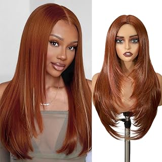 WIGER Long Straight Layered Auburn Hair Wig Ombre Ginger Straight Wigs Copper Red Cosplay Full Wig for Women Synthetic Colorful None Lace Hair for Daily or Costumes