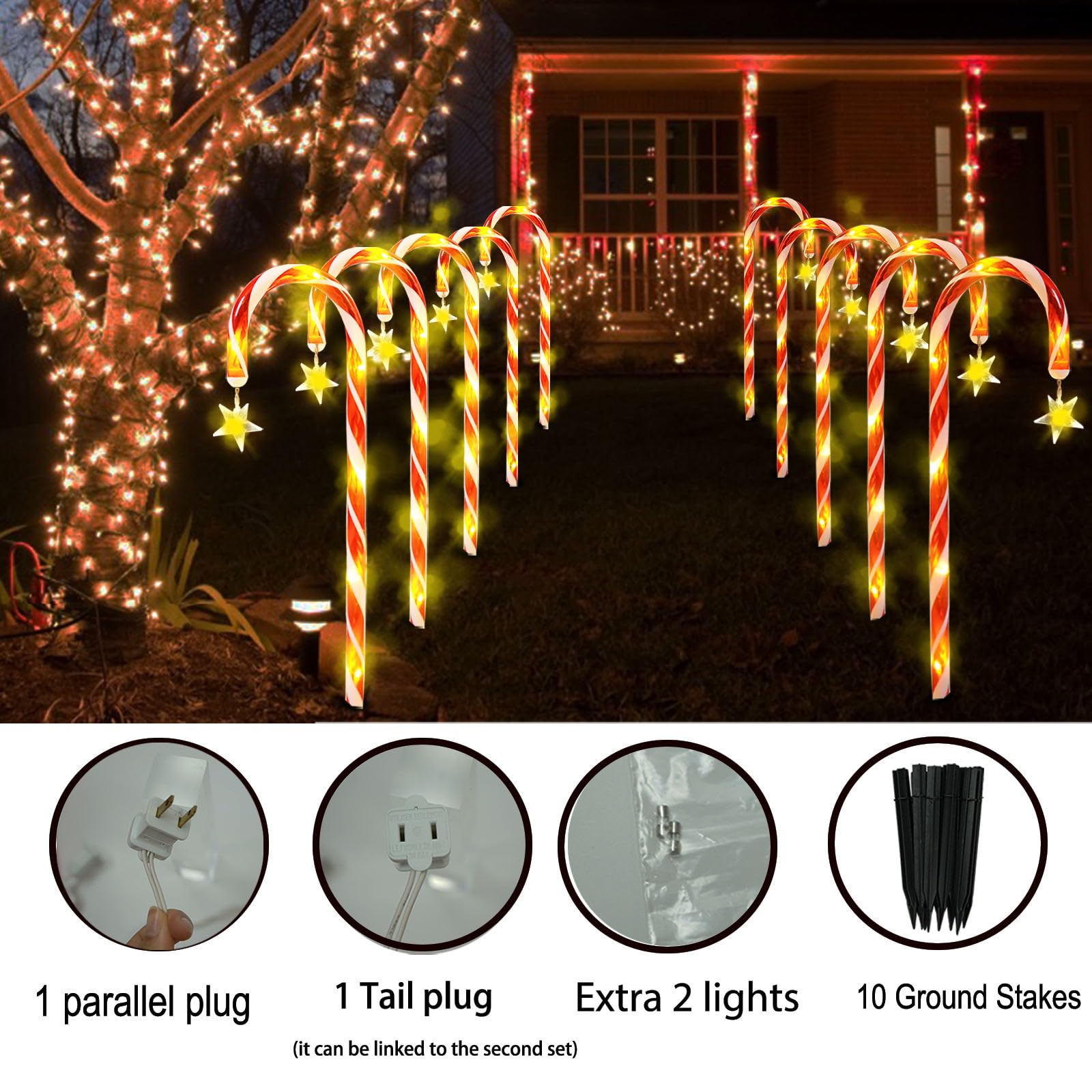 Luces Solares De Bastón De Caramelo Para Navidad - 2 Unidades, IP65 Impermeables, Con Muñeco De Papá Noel Movible