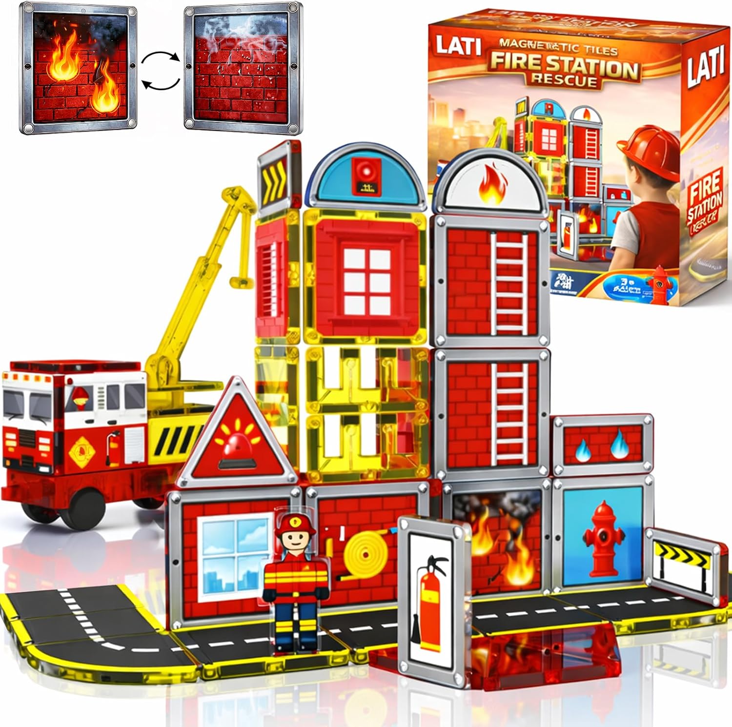LATI Fire Rescue Magnetic Tiles for Kids,Double-Sided Fire & Rescue Blocks with Fire Truck, Station, Roads & Crane, STEM Magnetic Building Blocks for Boys & Girls Ages 3-8