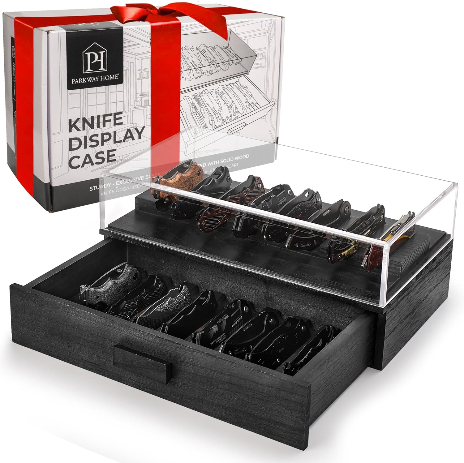 Black Pocket Knife Display Case with Sturdy Clear Cover - Wooden Knife Collection Case for 16 Knives - Two-Tier Knife Cases for Collections with a Removable Drawer Insert for Other EDC Items