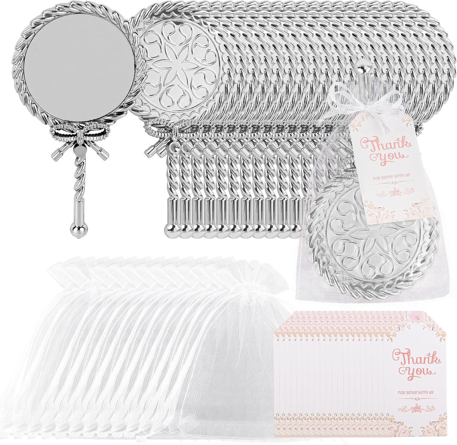 Framendino, 20 Set Bow Round Compact Mirror Bulk Party Favors with Thank You Tag Organza Bag for Wedding Bridal Shower (Silver)