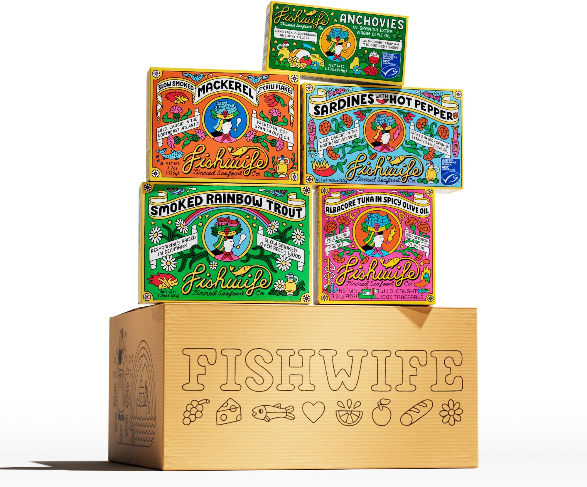 Fishwife Gift Set (5-Pack Variety with Cantabrian Anchovies, Sardines with Hot Pepper, Albacore Tuna in Spicy Olive Oil, Smoked Mackerel & Smoked Rainbow Trout) | High Protein, Gluten Free, Omega-3s