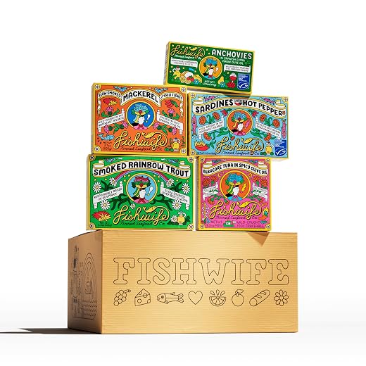 Fishwife Gift Set (5-Pack Variety with Cantabrian Anchovies, Sardines with Hot Pepper, Albacore Tuna in Spicy Olive Oil, Smoked Mackerel & Smoked Rainbow Trout) | High Protein, Gluten Free, Omega-3s